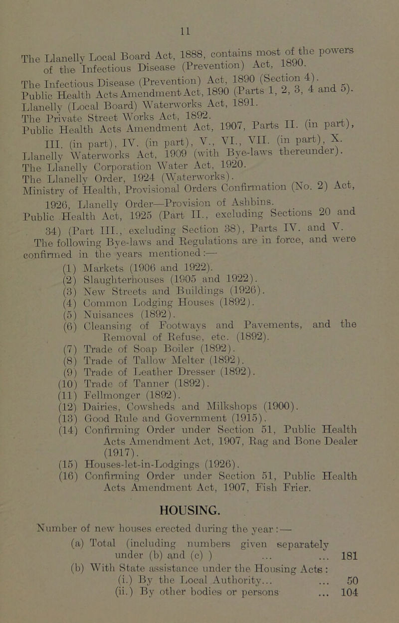 11 The Llanelly Local Board Act, 1888, contains most ol1 the powers of tlve Infectious Disease (Prevention) Act, 18. U. The Infectious Disease (Prevention) Act I890 (Section 4). Public Health Acts Amendment Act, 1890 (-1 arts 1, 2, 3, 4 and ). Llanelly (Local Board) Waterworks Act, 1891. The Private Street Works Act, 1892. . Public Health Acts Amendment Act, 1907, Parts II. (in part), III. (in part), IV. (in part), V., VI., VII. (in part) X. Llanelly Waterworks Act, 1909 (with Bye-laws thereunder). The Llanelly Corporation Water Act, 1920. The Llanelly Order, 1924 (Waterworks). Ministry of Health, Provisional Orders Confirmation (No. 2) Act, 1926, Llanelly Order—Provision of Ashbins. _ Public Health Act, 1925 (Part II., excluding Sections 20 and 34) (Part III., excluding Section 38), Parts IV. and V. The following Bye-laws and Regulations are in force, and were confirmed in the years mentioned:— (1) Markets (1906 and 1922). (2) Slaughterhouses (1905 and 1922). (3) New Streets and Buildings (1926). (4) Common Lodging Houses (1892). (5) Nuisances (1892). (6) Cleansing of Footways and Pavements, and the Removal of Refuse, etc. (1892). (7) Trade of Soap Boiler (1892). (8) Trade of Tallow Melter (1892). (9) Trade of Leather Dresser (1892). (10) Trade of Tanner (1892). (11) Felhnonger (1892). (12) Dairies, Cowsheds and Milkshops (1900). (13) Good Rule and Government (1915). (14) Confirming Order under Section 51, Public Health Acts Amendment Act, 1907, Rag and Bone Dealer (1917). (15) Houses-let-in-Lodgings (1926). (16) Confirming Order under Section 51, Public Health Acts Amendment Act, 1907, Fish Frier. HOUSING. Number of new houses erected during the year : — (a) Total (including numbers given separately under (b) .and (c) ) ... ... 181 (b) With State assistance under the Housing Acts : (i.) By the Local Authority... ... 50
