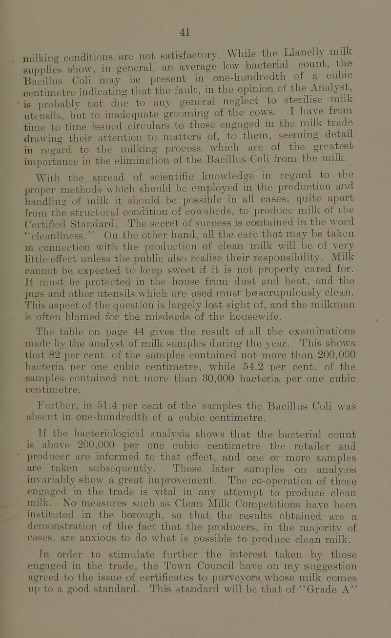 milking conditions are not satisfactory. While the Llanelly niillv m general, an average low bacterial count, the supplies show, m — o- i- Bacillus Coli may be present in one-hundredth of a cubic centimetre indicating that the fault, in the opinion of the Analyst, is probablv not due to any general neglect to sterilise milk utensils, but to inadequate grooming of the cows. I have from time to time issued .circulars to those engaged in the milk trade drawing their attention to matters of, to them, seeming detail in regard to the milking process which are of the greatest importance in the elimination of the Bacillus Coli from the milk. With the spread of scientific knowledge in regard to the proper methods which should be employed in the production and handling of milk it should be possible in all cases, quite apart from the structural condition of cowsheds, to produce milk of the Certified Standard. The secret of success is contained in the word “cleanliness.” On the other hand, all the care that may be taken m connection with the production of clean milk will be of very little effect unless the public also realise their responsibility. Milk cannot be expected to keep sweet if it is not properly cared for. It must be protected in the house from dust and heat, and tho jugs and other utensils which are used must be scrupulously clean. This aspect of the question is largely lost sight of, and the milkman is often blamed for the misdeeds of the housewife. The table on page 44 gives the result of all the examinations made by the analyst of milk samples during the year. This shows that 82 per cent, of the samples contained not more than 200,000 bacteria per one cubic centimetre, while 54.2 per cent, of the samples contained not more than 30,000 bacteria per one cubic centimetre. Further, in 51.4 per cent of the samples the Bacillus' Coli wras absent in one-hundredth of a cubic centimetre. If the bacteriological analysis: sliows that the bacterial count is above 200,000 per one cubic centimetre the retailer and producer are informed to that effect, and one or more samples are taken subsequently. These later samples on analysis invariably show' a great improvement. The co-operation of those engaged in the trade is vital in any attempt to produce clean milk. No measures such as Clean Milk Competitions have been instituted in the borough, so> that the results obtained are a demonstration of the fact that the producers, in the majority of cases, are anxious to do what is possible to produce clean milk. In order to stimulate further the interest taken by those engaged in the trade, the Town Council have on my suggestion agreed to the issue of certificates to purveyors whose milk comes up to a good standard. This standard will be that of “Grade A”
