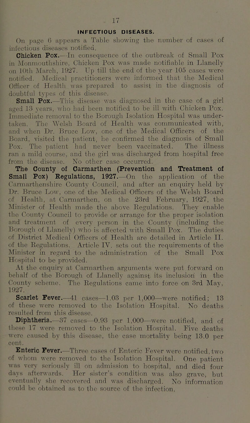 INFECTIOUS DISEASES. On page (3 appears a Table showing the number of cases of infectious diseases notified. Chicken Pcx.—In consequence of the outbreak of Small Pox in Monmouthshire, Chicken Pox was made notifiable in Llanelly on 1 Oth March, 1927. Up till the end of the year 105 cases were notified. Medical practitioners were informed that the Medical Officer of Health was prepared to assist in the diagnosis of doubtful types of this disease. Small Pox.—This disease was diagnosed in the case of a girl aged 13 years, who had been notified to be ill with Chicken Pox. Immediate removal to the Borough Isolation Hospital was under- taken. The Welsh Board of Health was communicated with, and when Dr. Bruce Low, one of the Medical Officers of the Board, visited the patient, he confirmed the diagnosis of Small Pox. The patient had never been vaccinated. The illness ran a mild course, and the girl was discharged from hospital free from the disease. No other case occurred. The County of Carmarthen (Prevention and Treatment of Small Pox) Regulations, 1927.—On the application of the Carmarthenshire County Council, and after an enquiry held by Dr. Bruce Low, one of the Medical Officers of the Welsh Board of Health, at Carmarthen, on the 23rd February, 1927, the Minister of Health made the above Regulations. They enable the County Council to provide or arrange for the proper isolation and treatment of every person in the County (including the Borough of Llanelly) who is affected with Small Pox. The duties of District Medical Officers of Health are detailed in Article II. of the Regulations. Article IV. sets out the requirements of the Minister in regard to the administration of the Small Pox Hospital to be provided. At the enquiry at Carmarthen arguments were put forward on behalf of the Borough of Llanelly against its inclusion in the County scheme. The Regulations came into force on 3rd May, 1927. ' Scarlet Fever.—41 cases—1.03 per 1,000—were notified; 13 of these were l’emoved to the Isolation Hospital. No' deaths resulted from this disease. Diphtheria.—37 cases—0.93 per 1,000—were notified, and of these 17 were removed to the Isolation Hospital. Five deaths were caused by this disease, the case mortality being 13.0 per cent. Enteric Fever.—Three cases of Enteric Fever were notified, two of whom were removed to the Isolation Hospital. One patient was very seriously ill on admission to hospital, and died four days afterwards. Her sister’s condition was also' grave, but eventually she recovered and was discharged. No information could be obtained as to the source of the infection,