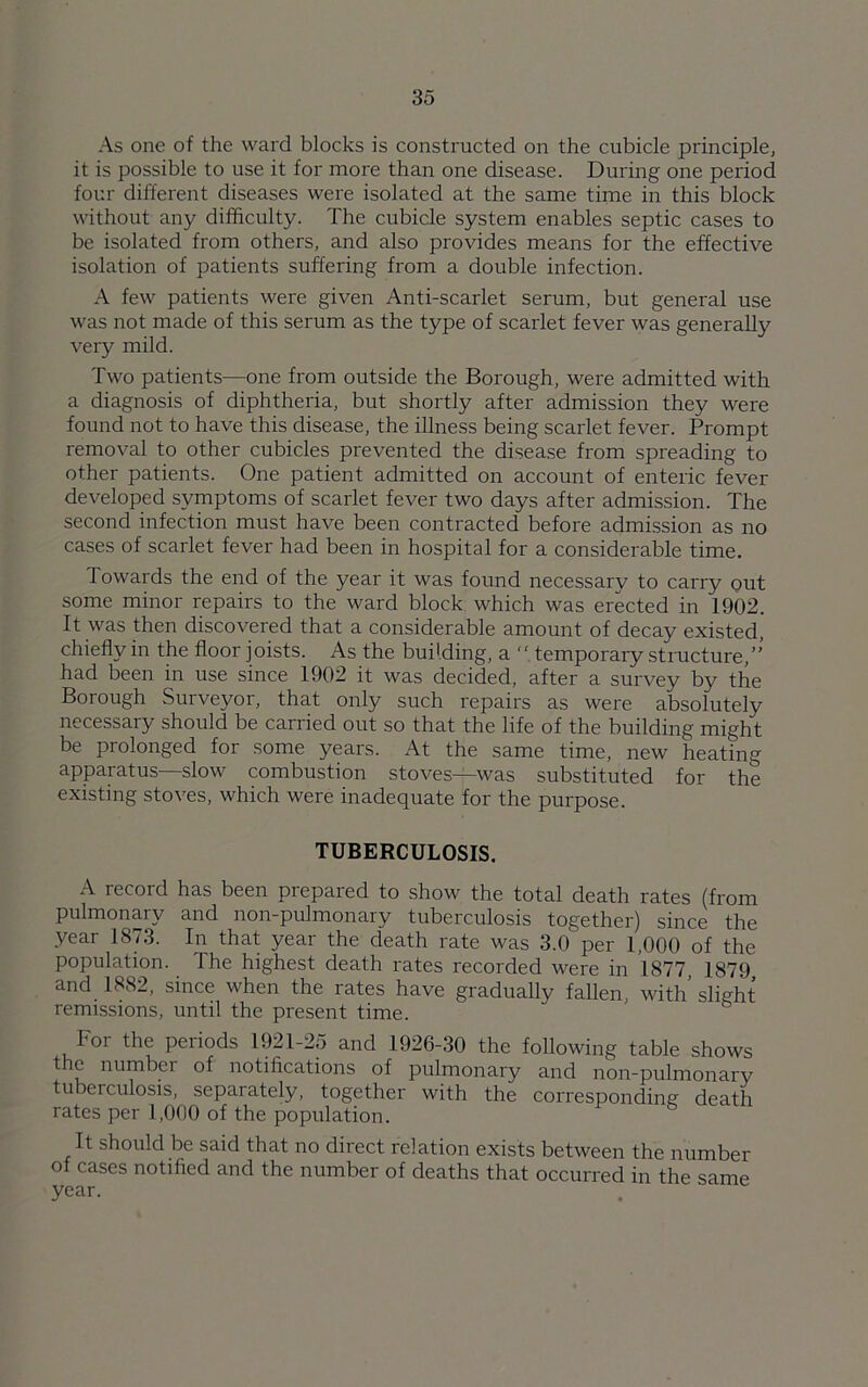 As one of the ward blocks is constructed on the cubicle principle, it is possible to use it for more than one disease. During one period four different diseases were isolated at the same time in this block without any difficulty. The cubicle system enables septic cases to be isolated from others, and also provides means for the effective isolation of patients suffering from a double infection. A few patients were given Anti-scarlet serum, but general use was not made of this serum as the type of scarlet fever was generally very mild. Two patients—one from outside the Borough, were admitted with a diagnosis of diphtheria, but shortly after admission they were found not to have this disease, the illness being scarlet fever. Prompt removal to other cubicles prevented the disease from spreading to other patients. One patient admitted on account of enteric fever developed symptoms of scarlet fever two days after admission. The second infection must have been contracted before admission as no cases of scarlet fever had been in hospital for a considerable time. Towards the end of the year it was found necessary to carry out some minor repairs to the ward block which was erected in 1902. It was then discovered that a considerable amount of decay existed, chieflvin the floor joists. As the building, a “temporary structure,’’ had been in use since 1902 it was decided, after a survey by the Borough Surveyor, that only such repairs as were absolutely necessary should be carried out so that the life of the building might be prolonged for some years. At the same time, new heating apparatus—slow combustion stoves—was substituted for the existing stoves, which were inadequate for the purpose. TUBERCULOSIS. A record has been prepared to show the total death rates (from pulmonary and non-pulmonary tuberculosis together) since the year 1873. In that year the death rate was 3.0 per 1,000 of the population. The highest death rates recorded were in 1877, 1879, and 1882, since when the rates have gradually fallen, with slight remissions, until the present time. For the periods 1921-25 and 1926-30 the following table shows tie number of notifications of pulmonary and non-pulmonary tuberculosis, separately, together with the corresponding death rates per 1,000 of the population. It should be said that no direct relation exists between the number of cases notified and the number of deaths that occurred in the same year.