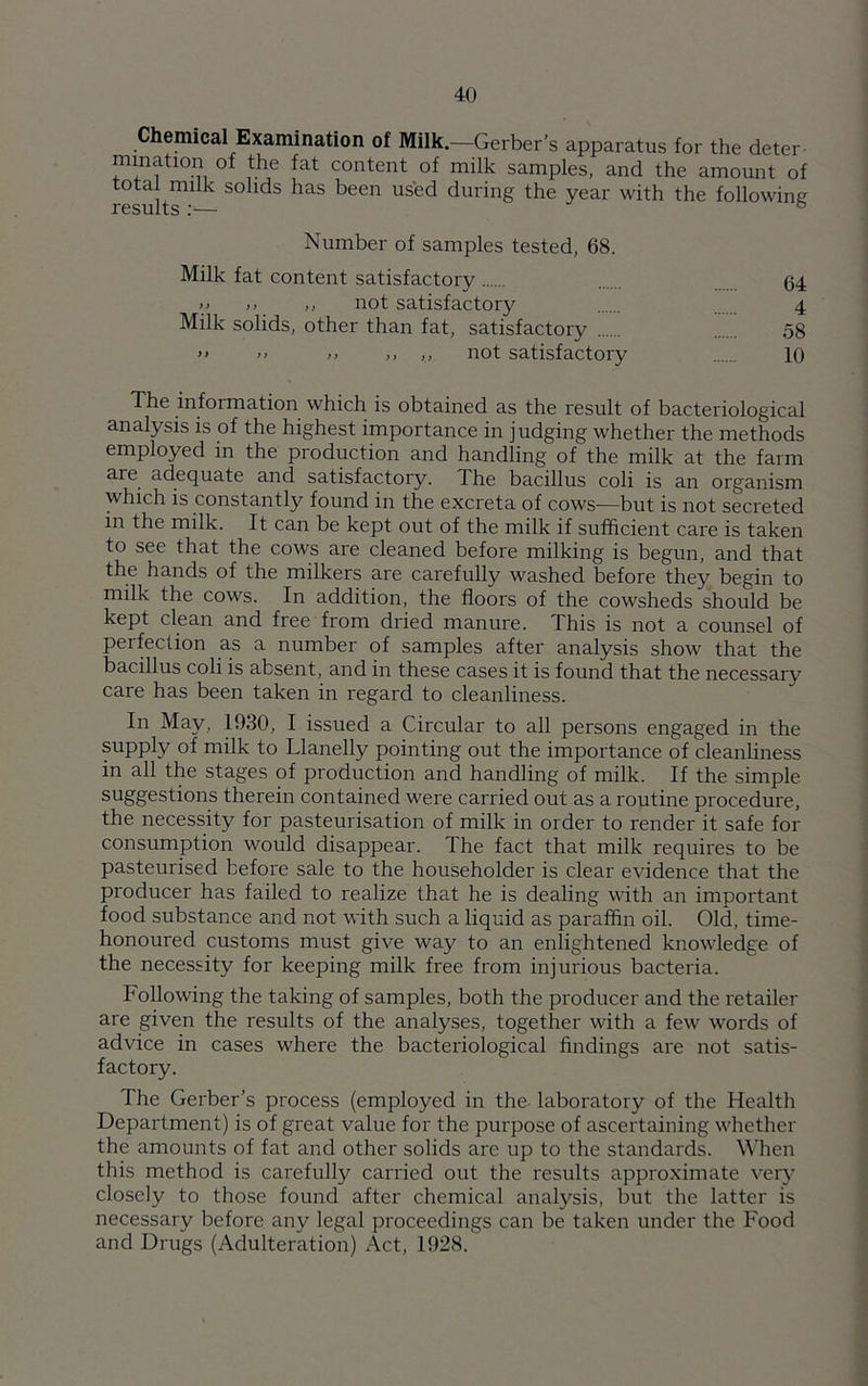 Chemical Examination of Milk.—Gerber’s apparatus for the deter mutation of the fat content of milk samples, and the amount of results1* S° ldS haS beCn USed during the year with the following Number of samples tested, 68. Milk fat content satisfactory (54 »> ,, ,, not satisfactory 4 Milk solids, other than fat, satisfactory 58 >> >> >> ,, ,, not satisfactory 10 The information which is obtained as the result of bacteriological analysis is of the highest importance in judging whether the methods employed m the production and handling of the milk at the farm are adequate and satisfactory. The bacillus coli is an organism which is constantly found in the excreta of cows-—but is not secreted in the milk. It can be kept out of the milk if sufficient care is taken to see that the cows are cleaned before milking is begun, and that the hands of the milkers are carefully washed before they begin to milk the cows. In addition, the floors of the cowsheds should be kept clean and free from dried manure. This is not a counsel of perfection as a number of samples after analysis show that the bacillus coli is absent, and in these cases it is found that the necessary care has been taken in regard to cleanliness. In May, 1930, I issued a Circular to all persons engaged in the supply of milk to Llanelly pointing out the importance of cleanliness in all the stages of production and handling of milk. If the simple suggestions therein contained were carried out as a routine procedure, the necessity for pasteurisation of milk in order to render it safe for consumption would disappear. The fact that milk requires to be pasteurised before sale to the householder is clear evidence that the producer has failed to realize that he is dealing with an important food substance and not with such a liquid as paraffin oil. Old, time- honoured customs must give way to an enlightened knowledge of the necessity for keeping milk free from injurious bacteria. Following the taking of samples, both the producer and the retailer are given the results of the analyses, together with a few words of advice in cases where the bacteriological findings are not satis- factory. The Gerber’s process (employed in the laboratory of the Health Department) is of great value for the purpose of ascertaining whether the amounts of fat and other solids are up to the standards. When this method is carefully carried out the results approximate very closely to those found after chemical analysis, but the latter is necessary before any legal proceedings can be taken under the Food and Drugs (Adulteration) Act, 1928.