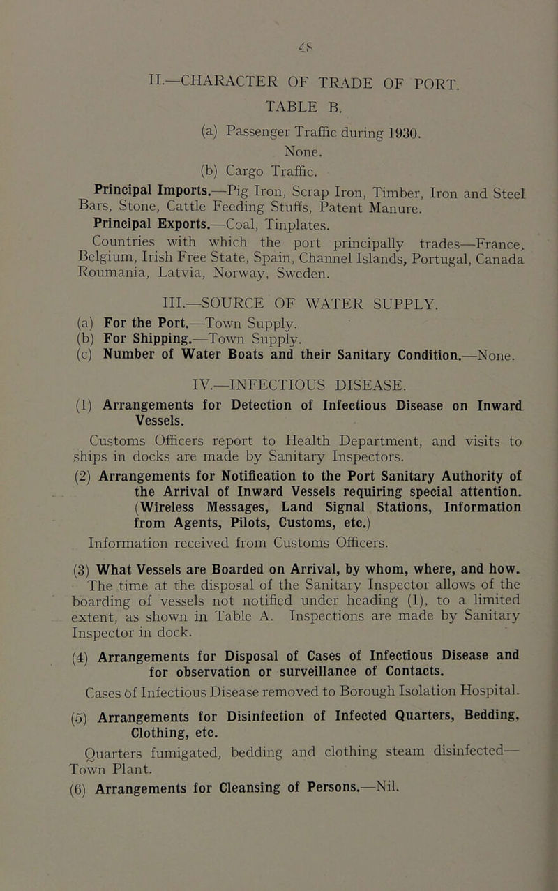 II.—CHARACTER OF TRADE OF PORT. TABLE B. (a) Passenger Traffic during 1930. None. (b) Cargo Traffic. Principal Imports.—Pig Iron, Scrap Iron, Timber, Iron and Steel Bars, Stone, Cattle Feeding Stuffs, Patent Manure. Principal Exports.—Coal, Tinplates. Countries with which the port principally trades—France, Belgium, Irish Free State, Spain, Channel Islands, Portugal, Canada Roumania, Latvia, Norway, Sweden. III.—SOURCE OF WATER SUPPLY. (a) For the Port.—Town Supply. (b) For Shipping.—Town Supply. (c) Number of Water Boats and their Sanitary Condition.—None. IV.—INFECTIOUS DISEASE. (1) Arrangements for Detection of Infectious Disease on Inward Vessels. Customs Officers report to Health Department, and visits to ships in docks are made by Sanitary Inspectors. (2) Arrangements for Notification to the Port Sanitary Authority of the Arrival of Inward Vessels requiring special attention. (Wireless Messages, Land Signal Stations, Information from Agents, Pilots, Customs, etc.) Information received from Customs Officers. (3) What Vessels are Boarded on Arrival, by whom, where, and how. The time at the disposal of the Sanitary Inspector allows of the boarding of vessels not notified under heading (1), to a limited extent, as shown in Table A. Inspections are made by Sanitary Inspector in dock. (4) Arrangements for Disposal of Cases of Infectious Disease and for observation or surveillance of Contacts. Cases Of Infectious Disease removed to Borough Isolation Hospital. (5) Arrangements for Disinfection of Infected Quarters, Bedding, Clothing, etc. Quarters fumigated, bedding and clothing steam disinfected— Town Plant. (6) Arrangements for Cleansing of Persons.—Nil.