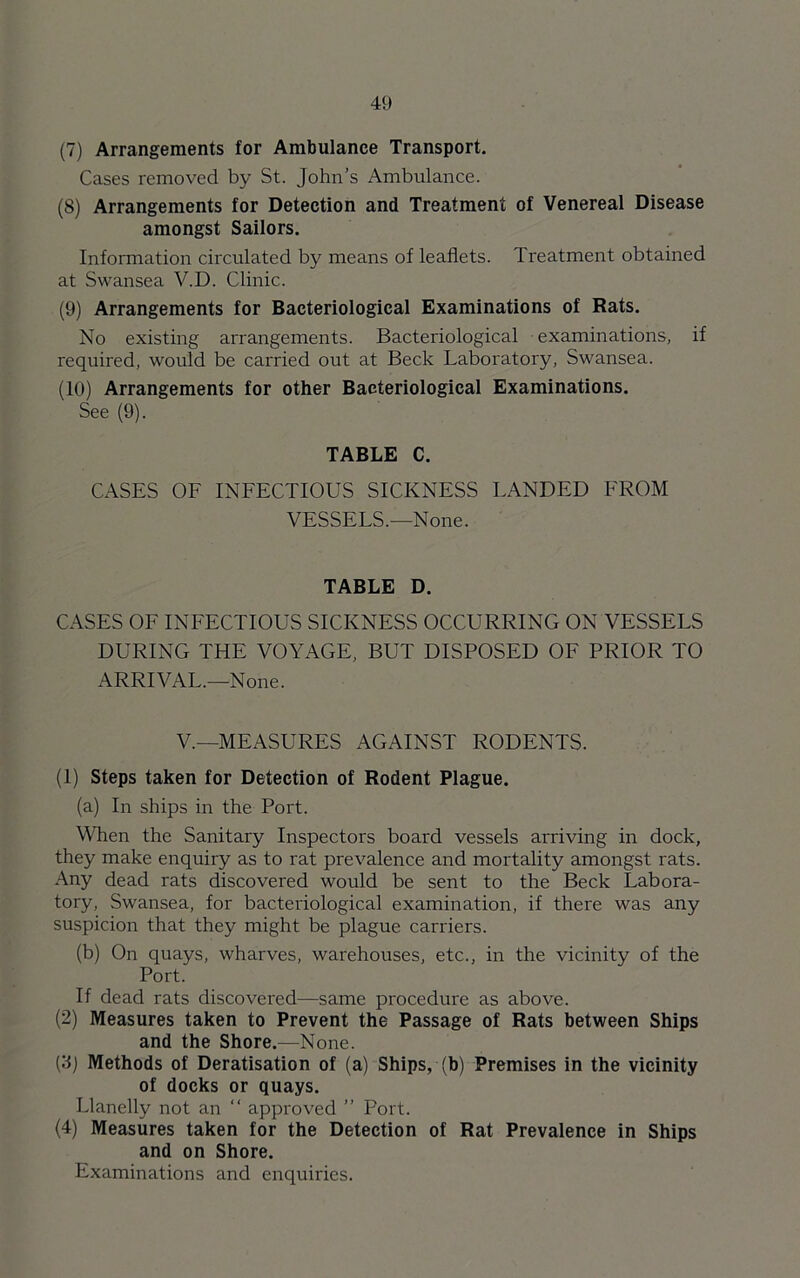 (7) Arrangements for Ambulance Transport. Cases removed by St. John’s Ambulance. (8) Arrangements for Detection and Treatment of Venereal Disease amongst Sailors. Information circulated by means of leaflets. Treatment obtained at Swansea V.D. Clinic. (9) Arrangements for Bacteriological Examinations of Rats. No existing arrangements. Bacteriological examinations, if required, would be carried out at Beck Laboratory, Swansea. (10) Arrangements for other Bacteriological Examinations. See (9). TABLE C. CASES OF INFECTIOUS SICKNESS LANDED FROM VESSELS.—None. TABLE D. CASES OF INFECTIOUS SICKNESS OCCURRING ON VESSELS DURING THE VOYAGE, BUT DISPOSED OF PRIOR TO ARRIVAL.—None. V.—MEASURES AGAINST RODENTS. (1) Steps taken for Detection of Rodent Plague. (a) In ships in the Port. When the Sanitary Inspectors board vessels arriving in dock, they make enquiry as to rat prevalence and mortality amongst rats. Any dead rats discovered would be sent to the Beck Labora- tory, Swansea, for bacteriological examination, if there was any suspicion that they might be plague carriers. (b) On quays, wharves, warehouses, etc., in the vicinity of the Port. If dead rats discovered—same procedure as above. (2) Measures taken to Prevent the Passage of Rats between Ships and the Shore.—None. (3) Methods of Deratisation of (a) Ships, -(b) Premises in the vicinity of docks or quays. Llanelly not an “ approved ” Port. (4) Measures taken for the Detection of Rat Prevalence in Ships and on Shore. Examinations and enquiries.