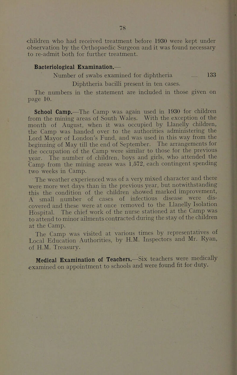 children who had received treatment before 1930 were kept under -observation by the Orthopaedic Surgeon and it was found necessary to re-admit both for further treatment. Bacteriological Examination.- Number of swabs examined for diphtheria 133 Diphtheria bacilli present in ten cases. The numbers in the statement are included in those given on page 10. School Camp.—The Camp was again used in 1930 for children from the mining areas of South Wales. With the exception of the month of August, when it was occupied by Llanelly children, the Camp was handed over to the authorities administering the Lord Mayor of London’s Fund, and was used in this way from the beginning of May till the end of September. The arrangements for the occupation of the Camp were similar to those for the previous year. The number of children, boys and girls, who attended the Camp from the mining areas was 1,572, each contingent spending two weeks in Camp. The weather experienced was of a very mixed character and there were more wet days than in the previous year, but notwithstanding this the condition of the children showed marked improvement, A small number of cases of infectious disease were dis- covered and these were at once removed to the Llanelly Isolation Hospital. The chief work of the nurse stationed at the Camp was to attend to minor ailments contracted during the stay of the children at the Camp. The Camp was visited at various times by representatives of Local Education Authorities, by H.M. Inspectors and Mr. Ryan, of H.M. Treasury. Medical Examination of Teachers.—Six teachers were medically ■examined on appointment to schools and weie found fit foi duty.