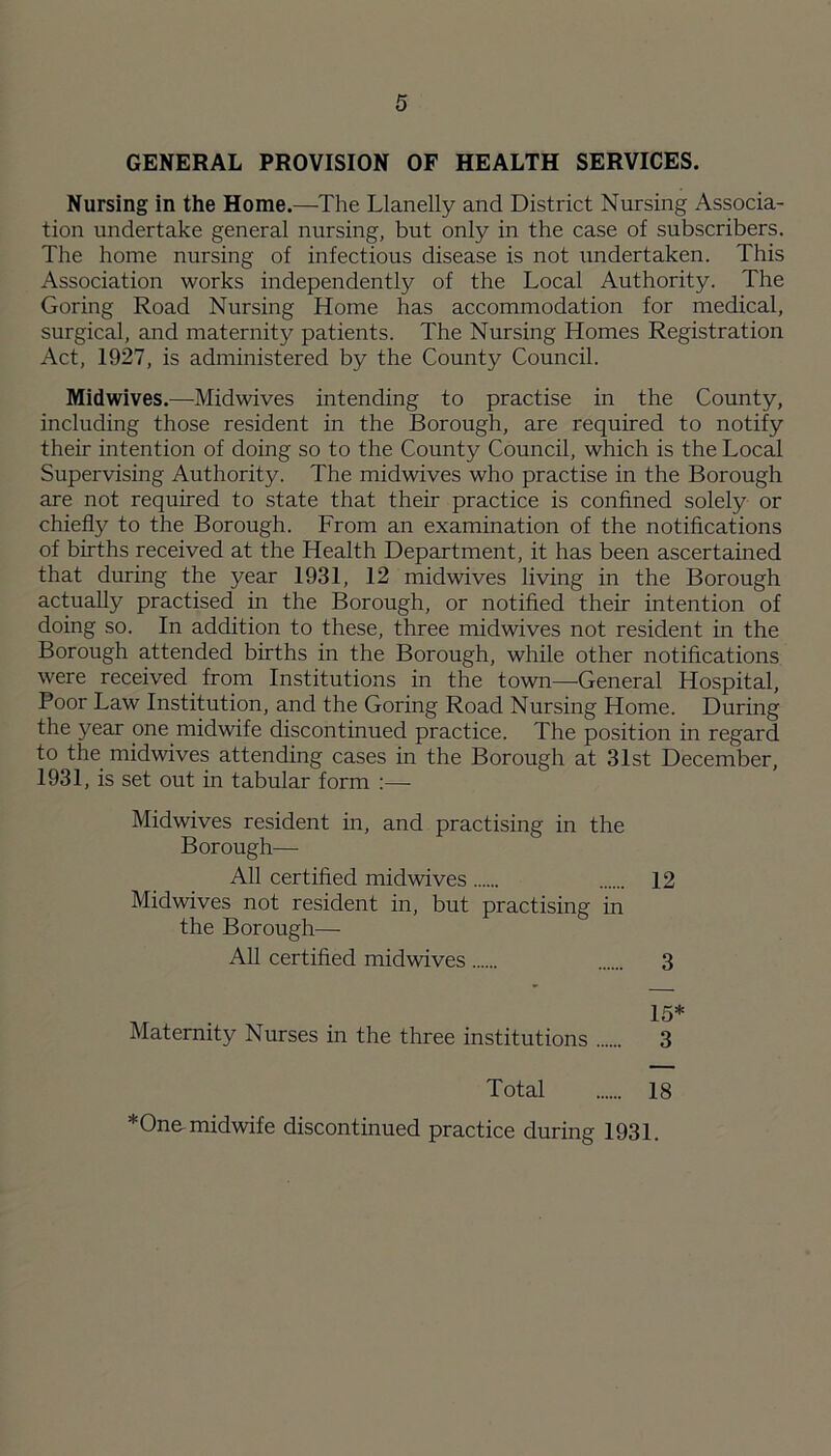 GENERAL PROVISION OF HEALTH SERVICES. Nursing in the Home.—The Llanelly and District Nursing Associa- tion undertake general nursing, but only in the case of subscribers. The home nursing of infectious disease is not undertaken. This Association works independently of the Local Authority. The Goring Road Nursing Home has accommodation for medical, surgical, and maternity patients. The Nursing Homes Registration Act, 1927, is administered by the County Council. Midwives.—Midwives intending to practise in the County, including those resident in the Borough, are required to notify their intention of doing so to the County Council, which is the Local Supervising Authority. The midwives who practise in the Borough are not required to state that their practice is confined solely or chiefly to the Borough. From an examination of the notifications of births received at the Health Department, it has been ascertained that during the year 1931, 12 midwives living in the Borough actually practised in the Borough, or notified their intention of doing so. In addition to these, three midwives not resident in the Borough attended births in the Borough, while other notifications were received from Institutions in the town—General Hospital, Poor Law Institution, and the Goring Road Nursing Home. During the year one midwife discontinued practice. The position in regard to the midwives attending cases in the Borough at 31st December, 1931, is set out in tabular form :—- Midwives resident in, and practising in the Borough— All certified midwives 12 Midwives not resident in, but practising in the Borough— All certified midwives 3 ,, . . 15* Maternity Nurses in the three institutions 3 Total 18 *One midwife discontinued practice during 1931.