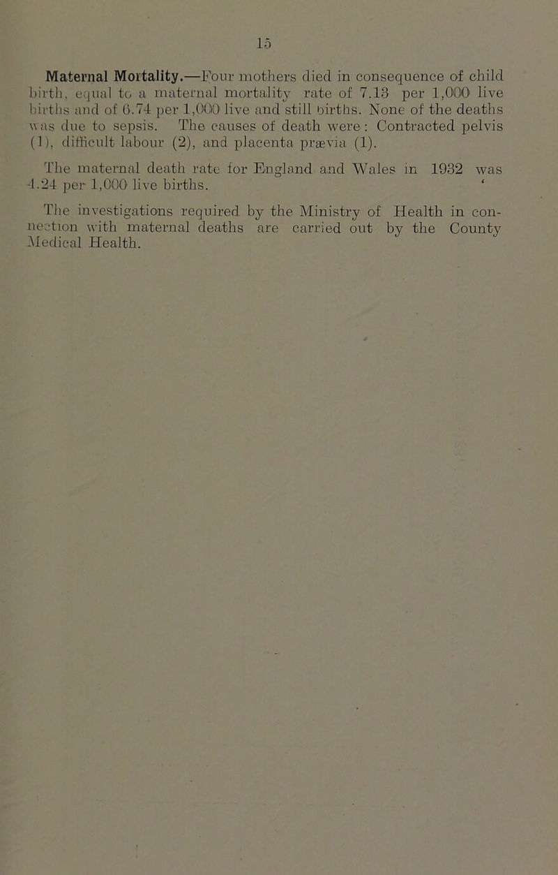 Maternal Mortality.—Four mothers died in consequence of child birth, equal to a maternal mortality rate of 7.13 per 1,000 live births and of (5.74 per 1,000 live and still births. None of the deaths was due to sepsis. The causes of death were : Contracted pelvis (1), difficult labour (2), and placenta praevia (1). The maternal death rate for England and Wales in 1932 was 4.24 per 1,000 live births. The investigations required by the Ministry of Health in con- nection with maternal deaths are carried out by the County Medical Health.