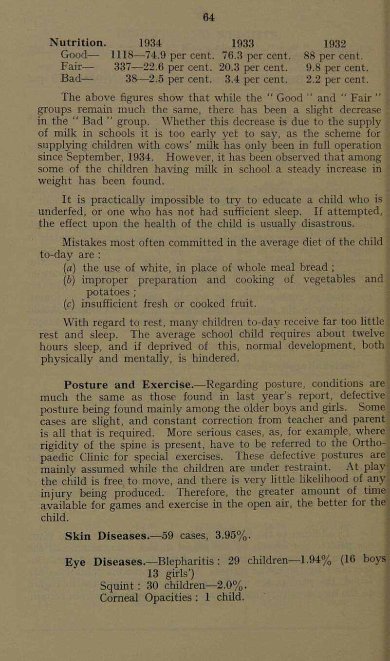 Nutrition. 1934 1933 1932 Good— 1118—74.9 per cent. 76.3 per cent. 88 per cent. Fair— 337—22.6 per cent. 20.3 per cent. 9.8 per cent. Bad— 38—2.5 per cent. 3.4 per cent. 2.2 per cent. The above figures show that while the “ Good ” and “ Fair ” groups remain much the same, there has been a slight decrease in the “ Bad ” group. Whether this decrease is due to the supply of milk in schools it is too early yet to say, as the scheme for supplying children with cows’ milk has only been in full operation since September, 1934. However, it has been observed that among some of the children having milk in school a steady increase in weight has been found. It is practically impossible to try to educate a child who is underfed, or one who has not had sufficient sleep. If attempted, the effect upon the health of the child is usually disastrous. Mistakes most often committed in the average diet of the child to-day are : (a) the use of white, in place of whole meal bread ; (b) improper preparation and cooking of vegetables and potatoes; (c) insufficient fresh or cooked fruit. With regard to rest, many children to-day receive far too little rest and sleep. The average school child requires about twelve hours sleep, and if deprived of this, normal development, both physically and mentally, is hindered. Posture and Exercise.—Regarding posture, conditions are much the same as those found in last year’s report, defective posture being found mainly among the older boys and girls. Some cases are slight, and constant correction from teacher and parent is all that is required. More serious cases, as, for example, where rigidity of the spine is present, have to be referred to the Ortho- paedic Clinic for special exercises. These defective postures are mainly assumed while the children are under restraint. At play the child is free to move, and there is very little likelihood of any injury being produced. Therefore, the greater amount of time available for games and exercise in the open air, the better for the child. Skin Diseases.—59 cases, 3.95%. Eye Diseases.—Blepharitis : 29 children—1.94% (16 boys 13 girls’) Squint: 30 children—2.0%. Corneal Opacities : 1 child.