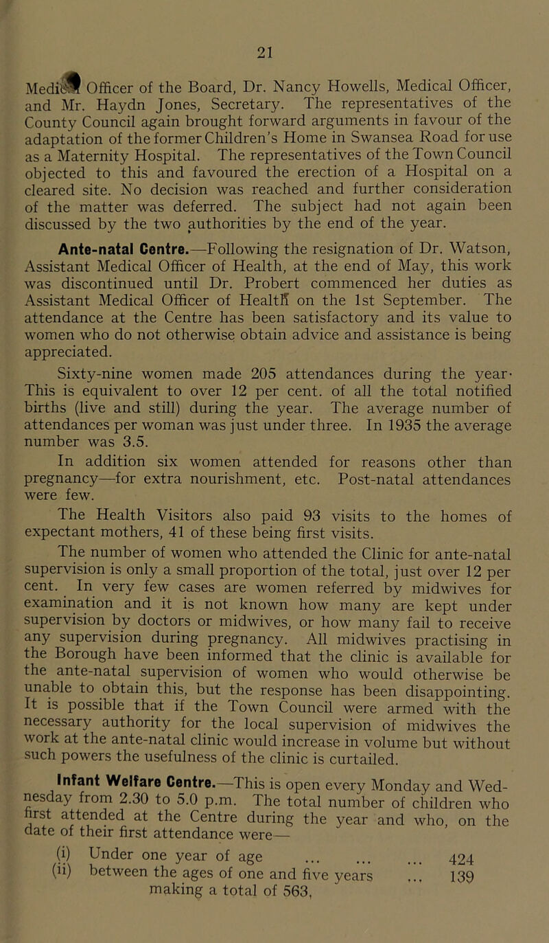 Medial! Officer of the Board, Dr. Nancy Howells, Medical Officer, and Mr. Haydn Jones, Secretary. The representatives of the County Council again brought forward arguments in favour of the adaptation of the former Children’s Home in Swansea Road for use as a Maternity Hospital. The representatives of the Town Council objected to this and favoured the erection of a Hospital on a cleared site. No decision was reached and further consideration of the matter was deferred. The subject had not again been discussed by the two authorities by the end of the year. Ante-natal Centre.—Following the resignation of Dr. Watson, Assistant Medical Officer of Health, at the end of May, this work was discontinued until Dr. Probert commenced her duties as Assistant Medical Officer of Healtfi on the 1st September. The attendance at the Centre has been satisfactory and its value to women who do not otherwise obtain advice and assistance is being appreciated. Sixty-nine women made 205 attendances during the year- This is equivalent to over 12 per cent, of all the total notified births (live and still) during the year. The average number of attendances per woman was just under three. In 1935 the average number was 3.5. In addition six women attended for reasons other than pregnancy—for extra nourishment, etc. Post-natal attendances were few. The Health Visitors also paid 93 visits to the homes of expectant mothers, 41 of these being first visits. The number of women who attended the Clinic for ante-natal supervision is only a small proportion of the total, just over 12 per cent. In very few cases are women referred by midwives for examination and it is not known how many are kept under supervision by doctors or midwives, or how many fail to receive any supervision during pregnancy. All midwives practising in the Borough have been informed that the clinic is available for the ante-natal supervision of women who would otherwise be unable to obtain this, but the response has been disappointing. It is possible that if the Town Council were armed with the necessary authority for the local supervision of midwives the work at the ante-natal clinic would increase in volume but without such powers the usefulness of the clinic is curtailed. Infant Welfare Centre.—This is open every Monday and Wed- nesday from 2.30 to 5.0 p.m. The total number of children who first attended at the Centre during the year and who, on the date of their first attendance were— (i) Under one year of age ... ... ... 424 (ii) between the ages of one and five years ,.. 139 making a total of 563,