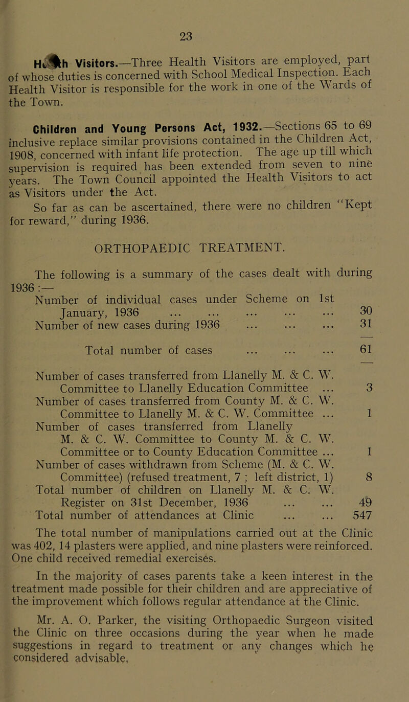 H*Ah Visitors.—Three Health Visitors are employed, part of whose duties is concerned with School Medical Inspection. Each Health Visitor is responsible for the work in one of the Wards of the Town. Children and Young Persons Act, 1932.— Sections 65 to 69 inclusive replace similar provisions contained in the Children Act, 1908, concerned with infant life protection. The age up till which supervision is required has been extended from seven to nine years. The Town Council appointed the Health Visitors to act as Visitors under the Act. So far as can be ascertained, there were no children Kept for reward,’’ during 1936. ORTHOPAEDIC TREATMENT. The following is a summary of the cases dealt with during 1936 :— Number of individual cases under Scheme on 1st January, 1936 ... ... ... ••• ••• 30 Number of new cases during 1936 ... ... ... 31 Total number of cases ... ... ... 61 Number of cases transferred from Llanelly M. & C. W. Committee to Llanelly Education Committee ... 3 Number of cases transferred from County M. & C. W. Committee to Llanelly M. & C. W. Committee ... 1 Number of cases transferred from Llanelly M. & C. W. Committee to County M. & C. W. Committee or to County Education Committee ... 1 Number of cases withdrawn from Scheme (M. & C. W. Committee) (refused treatment, 7 ; left district, 1) 8 Total number of children on Llanelly M. & C. W. Register on 31st December, 1936 ... ... 49 Total number of attendances at Clinic ... ... 547 The total number of manipulations carried out at the Clinic was 402, 14 plasters were applied, and nine plasters were reinforced. One child received remedial exercises. In the majority of cases parents take a keen interest in the treatment made possible for their children and are appreciative of the improvement which follows regular attendance at the Clinic. Mr. A. 0. Parker, the visiting Orthopaedic Surgeon visited the Clinic on three occasions during the year when he made suggestions in regard to treatment or any changes which he considered advisable,