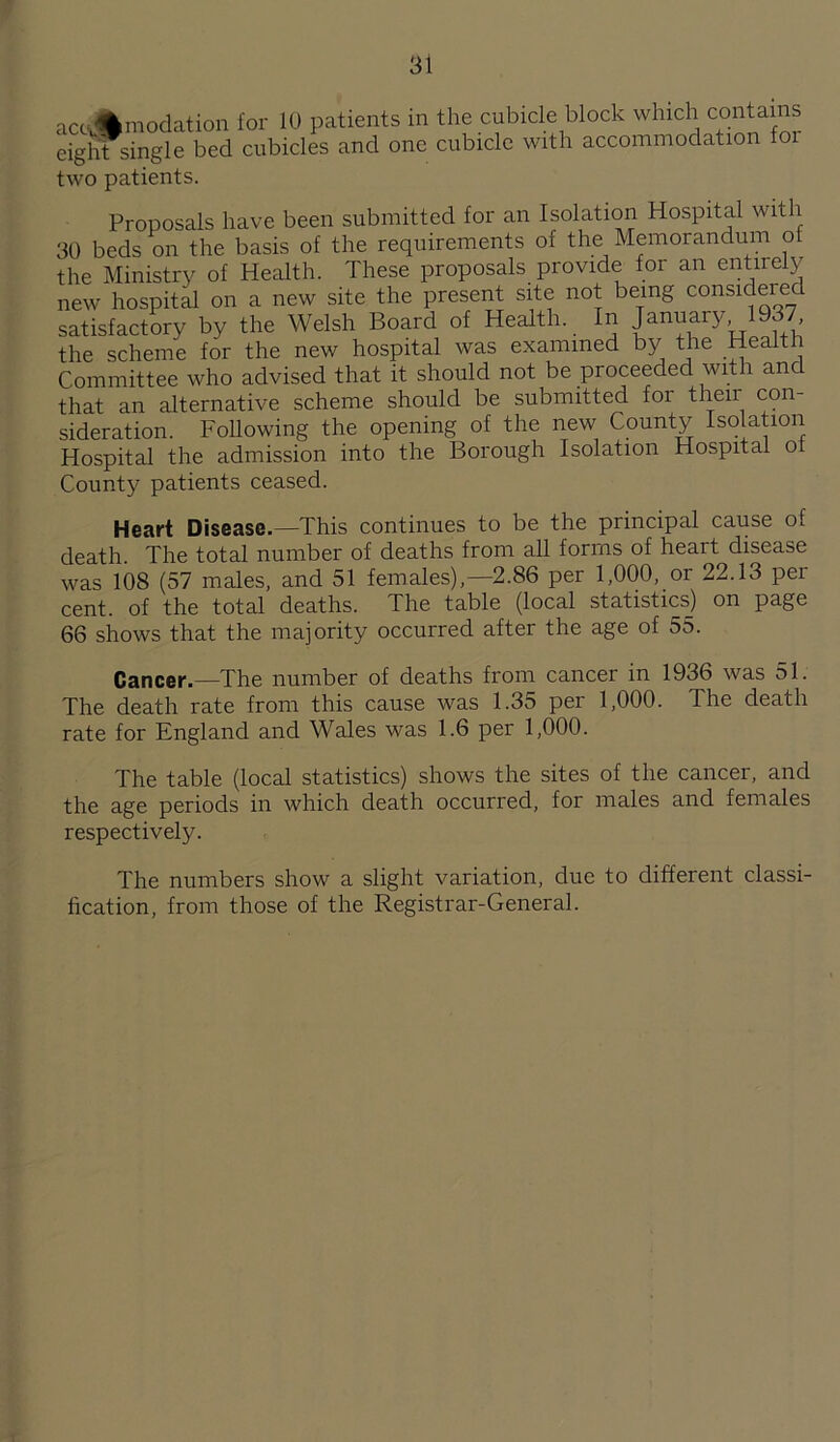 accommodation for 1U patients in eight single bed cubicles and one two patients. the cubicle block which contains cubicle with accommodation for Proposals have been submitted for an Isolation Hospital with 30 beds on the basis of the requirements of the Memorandum of the Ministry of Health. These proposals provide for an entirely new hospital on a new site the present site not being considered satisfactory by the Welsh Board of Health.. In January 1937 the scheme for the new hospital was examined by the Health Committee who advised that it should not be proceeded with and that an alternative scheme should be submitted for their con- sideration. Following the opening of the new County Isolation Hospital the admission into the Borough Isolation Hospital ol County patients ceased. Heart Disease.—This continues to be the principal cause of death. The total number of deaths from all forms of heart disease was 108 (57 males, and 51 females),—2.86 per 1,000, or 22.13 per cent, of the total deaths. The table (local statistics) on page 66 shows that the majority occurred after the age of 55. Cancer.—The number of deaths from cancer in 1936 was 51. The death rate from this cause was 1.35 per 1,000. The death rate for England and Wales was 1.6 per 1,000. The table (local statistics) shows the sites of the cancer, and the age periods in which death occurred, for males and females respectively. The numbers show a slight variation, due to different classi- fication, from those of the Registrar-General.