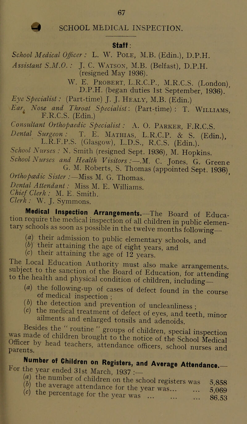 ^ SCHOOL MEDICAL INSPECTION. Staff: School Medical Officer : L. W. Pole, M.B. (Edin.), D.P.H. Assistant S.M.O. : J. C. Watson, M.B. (Belfast), D.P.H. (resigned May 1936). W. E. Probert, L.R.C.P., M.R.C.S. (London), D.P.H. (began duties 1st September, 1936). Eye Specialist: (Part-time) J. J. Healy, M.B. (Edin.) Ear Nose and Throat Specialist: (Part-time): T. Williams F.R.C.S. (Edin.) ‘ ‘ ’ Consultant Orthopaedic Specialist: A. O. Parker, F.R.C.S. Dental Surgeon: T. E. Mathias, L.R.C.P. & S. (Edin.) L.R.F.P.S. (Glasgow), L.D.S., R.C.S. (Edin.). School Nurses : N. Smith (resigned Sept. 1936), M. Hopkins. School Nurses and Health Visitors:—.M. C. Jones, G. Greene G. M. Roberts, S. Thomas (appointed Sept. 1936) Orthopcedic Sister /—Miss M. G. Thomas. Dental Attendant: Miss M. E. Williams. Chief Clerk : M. E. Smith. Clerk : W. J. Symmons. Medical Inspection Arrangements.—The Board of Educa- tion require the medical inspection of all children in public elemen- tary schools as soon as possible in the twelve months following— (a) their admission to public elementary schools and A tTeir attaming the age of eight years, and (c) their attaining the age of 12 years. The Local Education Authority must also make arrangements. to the heal^6 SHnCti!0n 0fithe ?°ard 0f Education’ for attending to the health and physical condition of children, including— (a) the following-up of cases of defect found in the course ot medical inspection ; the detection and prevention of uncleanliness • the medical treatment of defect of eyes, and teeth, minor ailments and enlarged tonsils and adenoids. was r°Ufine ’>rouPs of children, special inspection Offi ™ d if c^dren brought to the notice of the School Medical parents ^ teachers’ attendance officers, school nurses and (&) (o) Number of Children on Registers, and Average Attendance.— tor the year ended 31st March, 1937 :— (a) the number of children on the school registers was 3 838 ? he average attendance for the year was... 3 069 (c) the percentage for the year was //. gg 53