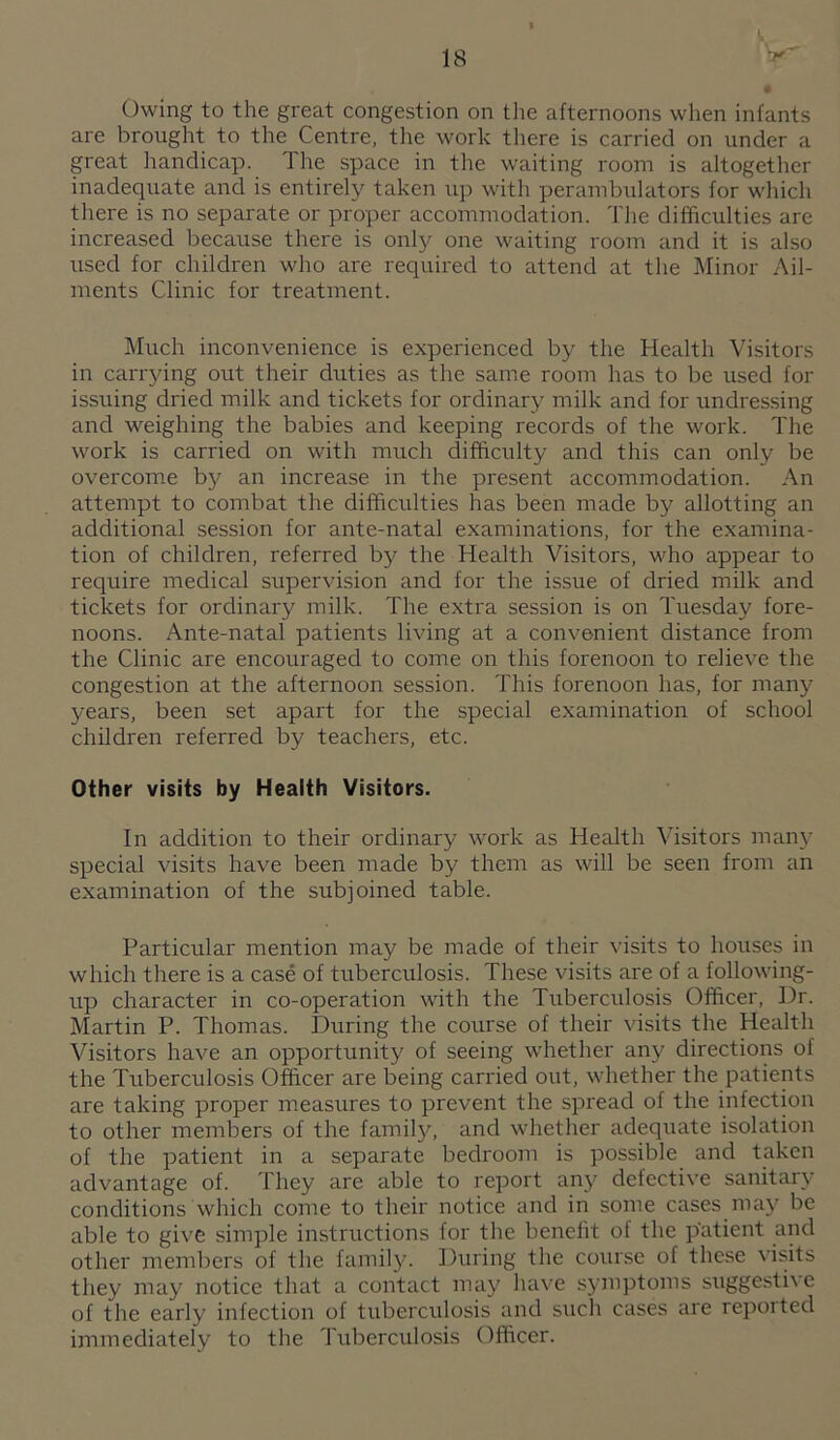 Owing to the great congestion on the afternoons when infants are brought to the Centre, the work there is carried on under a great handicap. The space in the waiting room is altogether inadequate and is entirely taken up with perambulators for which there is no separate or proper accommodation. The difficulties are increased because there is only one waiting room and it is also used for children who are required to attend at the Minor Ail¬ ments Clinic for treatment. Much inconvenience is experienced by the Health Visitors in carrying out their duties as the same room has to be used for issuing dried milk and tickets for ordinary milk and for undressing and weighing the babies and keeping records of the work. The work is carried on with much difficulty and this can only be overcome by an increase in the present accommodation. An attempt to combat the difficulties has been made by allotting an additional session for ante-natal examinations, for the examina¬ tion of children, referred by the Health Visitors, who appear to require medical supervision and for the issue of dried milk and tickets for ordinary milk. The extra session is on Tuesday fore¬ noons. Ante-natal patients living at a convenient distance from the Clinic are encouraged to come on this forenoon to relieve the congestion at the afternoon session. This forenoon has, for many years, been set apart for the special examination of school children referred by teachers, etc. Other visits by Health Visitors. In addition to their ordinary work as Health Visitors many special visits have been made by them as will be seen from an examination of the subjoined table. Particular mention may be made of their visits to houses in which there is a case of tuberculosis. These visits are of a following- up character in co-operation with the Tuberculosis Officer, Dr. Martin P. Thomas. During the course of their visits the Health Visitors have an opportunity of seeing whether any directions of the Tuberculosis Officer are being carried out, whether the patients are taking proper measures to prevent the spread of the infection to other members of the family, and whether adequate isolation of the patient in a separate bedroom is possible and taken advantage of. They are able to report any defective sanitary conditions which come to their notice and in some cases may be able to give simple instructions for the benefit of the patient and other members of the family. During the course of these visits they may notice that a contact may have symptoms suggestive of the early infection of tuberculosis and such cases are repoited immediately to the Tuberculosis Officer.