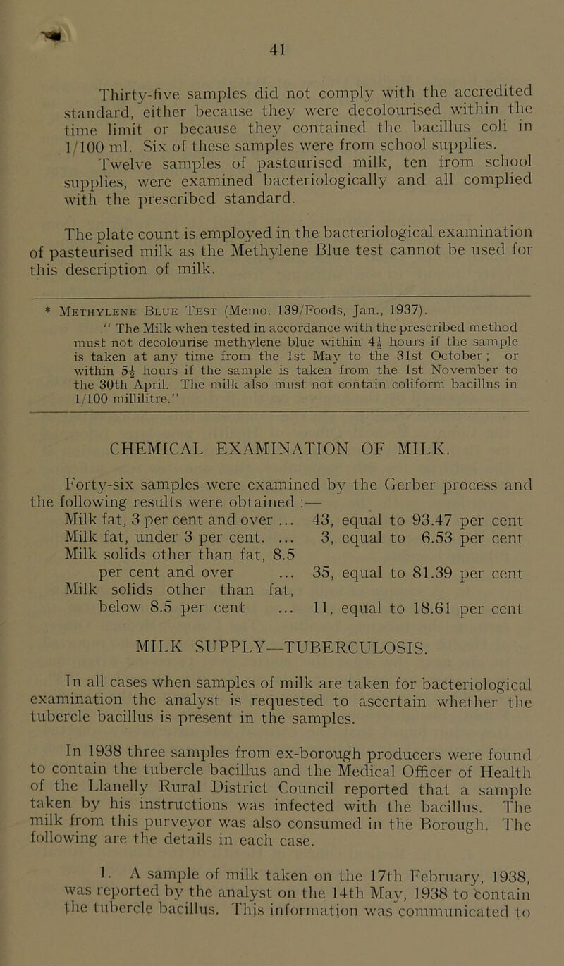 Thirty-live samples did not comply with the accredited standard, either becaitse they were decolourised within the time limit or because they contained the bacillus coli in 1 '100 ml. Six of these samples were from school supplies. Twelve samples of pasteurised milk, ten from school supplies, were examined bacteriologically and all complied with the prescribed standard. The plate count is employed in the bacteriological examination of pasteurised milk as the Methylene Blue test cannot be used for this description of milk. * Methylene Blue Test (Memo. 139/Foods, Jan., 1937). “ The Milk when tested in accordance with the prescribed method must not decolourise methylene blue within 4A hours if the sample is taken at any time from the 1st May to the 31st October; or within 5^- hours if the sample is taken from the 1st November to the 30th April. The milk also must not contain coliform bacillus in 1 TOO millilitre.” CHEMICAL EXAMINATION OF MILK, Forty-six samples were examined by the Gerber process and the following results were obtained Milk fat, 3 per cent and over ... Milk fat, under 3 per cent. ... Milk solids other than fat, 8.5 per cent and over Milk solids other than fat, below 8.5 per cent 43, equal to 93.47 per cent 3, equal to 6.53 per cent MILK SUPPLY 35, equal to 81.39 per cent 11, equal to 18.61 per cent -TUBERCULOSIS. In all cases when samples of milk are taken for bacteriological examination the analyst is requested to ascertain whether the tubercle bacillus is present in the samples. In 1938 three samples from ex-borough producers were found to contain the tubercle bacillus and the Medical Officer of Health of the Llanelly Rural District Council reported that a sample taken by his instructions was infected with the bacillus. The milk from this purveyor was also consumed in the Borough. The following are the details in each case. 1. A sample of milk taken on the 17th February, 1938, was reported by the analyst on the 14th May, 1938 to tontain the tubercle bacillus. 'I'liis information was communicated to