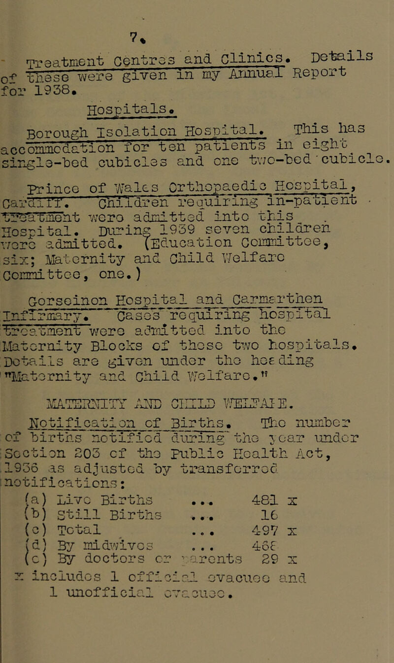 7% ^Treatment Centres and Clinics. Details of these'Were given in my Annual Report for 1938, Hospitals. Borough Isolation Hospital. This hao accommodation for ten patients in eight. single-hod cuhicles and one two—bed cubiclo. Prince of Wale, s Or t hop a e di o_ Hospital, CardiTT. children requiring in-patient • urea pine nt were admitted into this Hospital. During 1909 seven children v/orc admitted. (Education Ccmmittoe, six; Maternity and Child Welfare Committee, one.) Gorseinon Hospital and Carmarthen Infirmary. case's”requrring' hospital treatment' were admit tod into the Maternity Blocks of those two hospitals. Details are given under the hoe ding ’Maternity and Child Welfare. MATERNITY * ■\rr> CII 'T 'n t /PELT A! E. Notification cf Births. The number of births notified duringthe pear under Section 205 cf the public Health Act, 1936 as adjusted by transferred ! notifications: (a) Live Births (b) still Births (c) Total jd) By midWivos (c) By doctors or ... 481 x ... 16 .. • 49V x . . . 46£ aronts 29 x x includes 1 office .?A evacuee and 1 unofficial ^ on o/o i-v «_/ A*. %