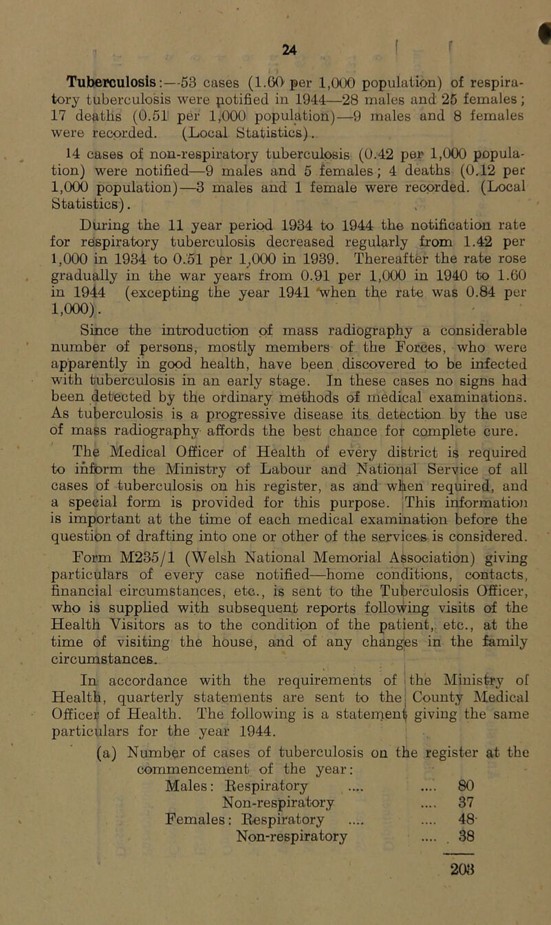 Tuberculosis:—53 cases (1.60 per 1,000 population) of respira- tory tuberculosis were potified in 1944—28 males and 25 females; 17 deaths (0.51 per 1,000 population)—9 males and 8 females were recorded. (Local Statistics). 14 cases of non-respiratory tuberculosis (0.42 per 1,000 popula- tion) were notified—9 males and 5 females; 4 deaths (0.12 per 1,000 population)—3 males and 1 female were recorded. (Local Statistics). During the 11 year period 1934 to 1944 the notification rate for respiratory tuberculosis decreased regularly from 1.42 per 1,000 in 1934 to 0..51 per 1,000 in 1939. Thereafter the rate rose gradually in the war years from 0.91 per 1,000 in 1940 to 1.60 in 1944 (excepting the year 1941 'when the rate was 0.84 per 1,000). Since the introduction of mass radiography a considerable number of persons, mostly members of the Forces, who were apparently in good health, have been discovered to be infected with tuberculosis in an early stage. In these cases no signs had been detected by the ordinary methods of medical examinations. As tuberculosis is a progressive disease its detection by the use of mass radiography affords the best chance for complete cure. The Medical Officer of Health of every district is required to inform the Ministry of Labour and National Service of all cases of tuberculosis on his register, as and when required, and a special form is provided for this purpose. This information is important at the time of each medical examination before the question of drafting into one or other of the services is considered. Form M235/1 (Welsh National Memorial Association) giving particulars of every case notified—home conditions, contacts, financial circumstances, etc., is sent to the Tuberculosis Officer, who is supplied with subsequent reports following visits of the Health Visitors as to the condition of the patient, etc., at the time of visiting the house, and of any changes in the family circumstances. In accordance with the requirements of j the Ministr}7 of Health, quarterly statements are sent to the. County Medical Officer of Health. The following is a statement giving the same particulars for the year 1944. (a) Number of cases of tuberculosis on the register at the commencement of the year: Males: Respiratory .... .... 80 Non-respiratory .... 37 Females: Respiratory .... .... 48- Non-respiratory .... . 38 203