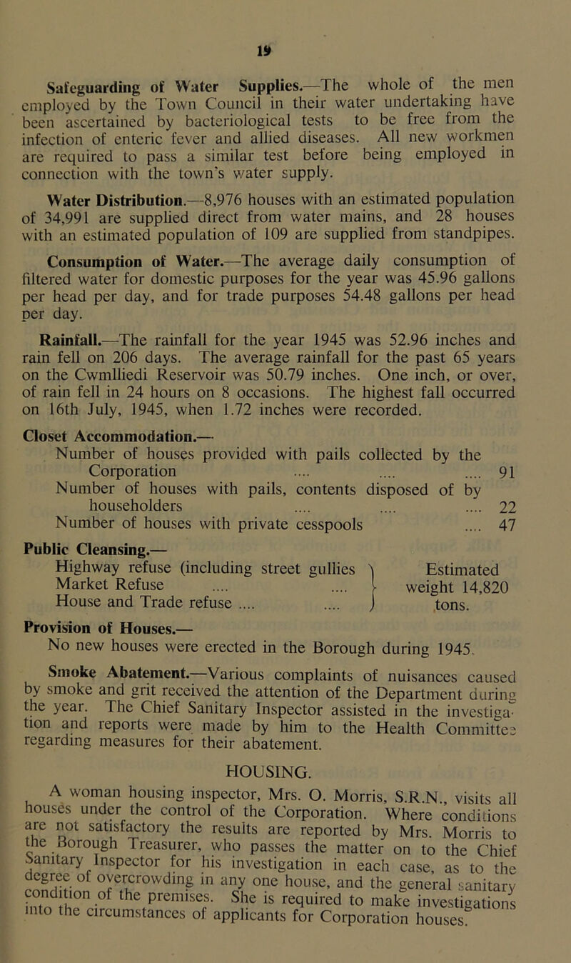 Safeguarding of Water Supplies.—The whole of the men employed by the Town Council in their water undertaking have been ascertained by bacteriological tests to be free from the infection of enteric fever and allied diseases. All new workmen are required to pass a similar test before being employed in connection with the town's water supply. Water Distribution.—8,976 houses with an estimated population of 34,991 are supplied direct from water mains, and 28 houses with an estimated population of 109 are supplied from standpipes. Consumption of Water.—The average daily consumption of filtered water for domestic purposes for the year was 45.96 gallons per head per day, and for trade purposes 54.48 gallons per head per day. Rainfall.—The rainfall for the year 1945 was 52.96 inches and rain fell on 206 days. The average rainfall for the past 65 years on the Cwmlliedi Reservoir was 50.79 inches. One inch, or over, of rain fell in 24 hours on 8 occasions. The highest fall occurred on 16th July, 1945, when 1.72 inches were recorded. Closet Accommodation.— Number of houses provided with pails collected by the Corporation .... .... .... 91 Number of houses with pails, contents disposed of by householders .... .... .... 22 Number of houses with private cesspools .... 47 Public Cleansing.— Highway refuse (including street gullies \ Estimated Market Refuse .... .... I weight 14,820 House and Trade refuse .... .... j tons. Provision of Houses.— No new houses were erected in the Borough during 1945 Smoke Abatement.—Various complaints of nuisances caused by smoke and grit received the attention of the Department during the yeai. The Chief Sanitary Inspector assisted in the investiga- tion and leports were made by him to the Health Committee regarding measures for their abatement. HOUSING. A woman housing inspector, Mrs. O. Morris. S.R.N., visits all houses under the control of the Corporation. Where conditions a/e o0t satisfact01'y results are reported by Mrs Morris to the Borough Treasurer, who passes the matter on to the Chief Sanitary Inspector for his investigation in each case, as to the degree of overcrowding m any one house, and the general sanitary condit.on °f the premises. She is required to make investigations into the circumstances of applicants for Corporation houses^