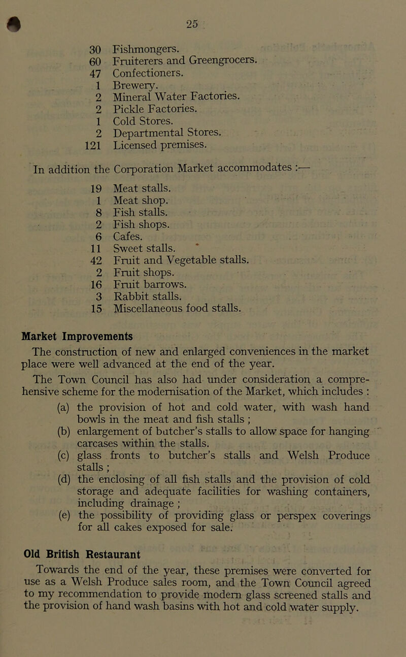 30 Fishmongers. 60 Fruiterers and Greengrocers. 47 Confectioners. 1 Brewery. 2 Mineral Water Factories. 2 Pickle Factories. 1 Cold Stores. 2 Departmental Stores. 121 Licensed premises. In addition the Corporation Market accommodates :— 19 Meat stalls. 1 Meat shop. 8 Fish stalls. 2 Fish shops. 6 Cafes. 11 Sweet stalls. 42 Fruit and Vegetable stalls. 2 Fruit shops. 16 Fruit barrows. 3 Rabbit stalls. 15 Miscellaneous food stalls. Market Improvements The construction of new and enlarged conveniences in the market place were well advanced at the end of the year. The Town Council has also had under consideration a compre- hensive scheme for the modernisation of the Market, which includes : (a) the provision of hot and cold water, with wash hand bowls in the meat and fish stalls ; (b) enlargement of batcher’s stalls to allow space for hanging carcases within the stalls. (c) glass fronts to butcher’s stalls and Welsh Produce stalls ; (d) the enclosing of all fish stalls and the provision of cold storage and adequate facilities for washing containers, including drainage ; (e) the possibility of providing glass or perspex coverings for all cakes exposed for sale. Old British Restaurant I i ! . ;. Towards the end of the year, these premises were converted for use as a Welsh Produce sales room, and the Town Council agreed to my recommendation to provide modem glass screened stalls and the provision of hand wash basins with hot and cold water supply.