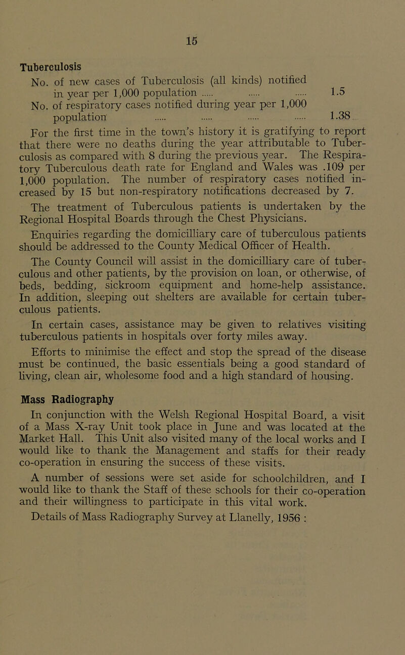 Tuberculosis No. of new cases of Tuberculosis (all kinds) notified in year per 1,000 population 1.5 No. of respiratory cases notified during year per 1,000 population 1-38 For the first time in the town’s history it is gratifying to report that there were no deaths during the year attributable to Tuber- culosis as compared with 8 during the previous year. The Respira- tory Tuberculous death rate for England and Wales was .109 per 1,000 population. The number of respiratory cases notified in- creased by 15 but non-respiratory notifications decreased by 7. The treatment of Tuberculous patients is undertaken by the Regional Hospital Boards through the Chest Physicians. Enquiries regarding the domicilliary care of tuberculous patients should be addressed to the County Medical Officer of Health. The County Council will assist in the domicilliary care of tuber- culous and other patients, by the provision on loan, or otherwise, of beds, bedding, sickroom equipment and home-help assistance. In addition, sleeping out shelters are available for certain tuber- culous patients. In certain cases, assistance may be given to relatives visiting tuberculous patients in hospitals over forty miles away. Efforts to minimise the effect and stop the spread of the disease must be continued, the basic essentials being a good standard of living, clean air, wholesome food and a high standard of housing. Mass Radiography In conjunction with the Welsh Regional Hospital Board, a visit of a Mass X-ray Unit took place in June and was located at the Market Hall. This Unit also visited many of the local works and I would like to thank the Management and staffs for their ready co-operation in ensuring the success of these visits. A number of sessions were set aside for schoolchildren, and I would like to thank the Staff of these schools for their co-operation and their willingness to participate in this vital work. Details of Mass Radiography Survey at Llanelly, 1956 :