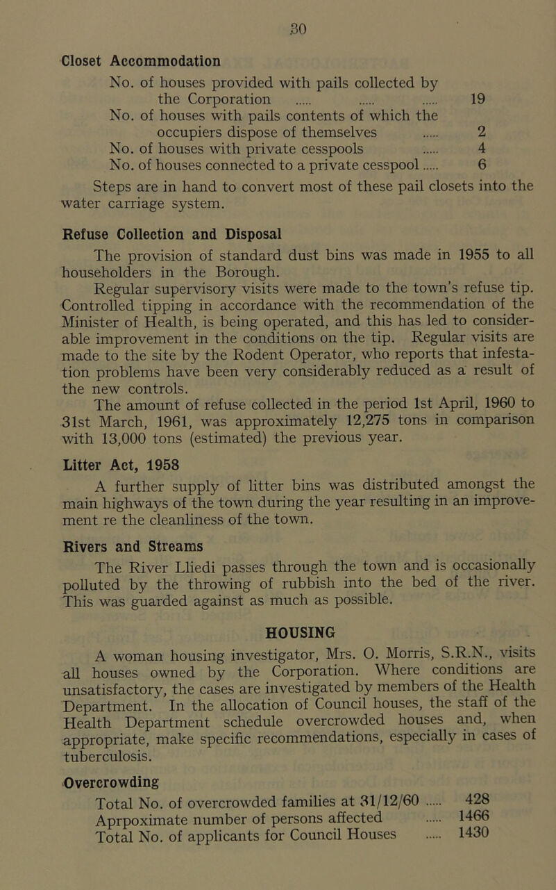 Closet Accommodation No. of houses provided with pails collected by the Corporation 19 No. of houses with pails contents of which the occupiers dispose of themselves 2 No. of houses with private cesspools 4 No. of houses connected to a private cesspool 6 Steps are in hand to convert most of these pail closets into the water carriage system. Refuse Collection and Disposal The provision of standard dust bins was made in 1955 to all householders in the Borough. Regular supervisory visits were made to the town’s refuse tip. Controlled tipping in accordance with the recommendation of the Minister of Health, is being operated, and this has led to consider- able improvement in the conditions on the tip. Regular visits are made to the site by the Rodent Operator, who reports that infesta- tion problems have been very considerably reduced as a result of the new controls. The amount of refuse collected in the period 1st April, 1960 to 31st March, 1961, was approximately 12,275 tons in comparison with 13,000 tons (estimated) the previous year. Litter Act, 1958 A further supply of litter bins was distributed amongst the main highways of the town during the year resulting in an improve- ment re the cleanliness of the town. Rivers and Streams The River Lliedi passes through the town and is occasionally polluted by the throwing of rubbish into the bed of the river. This was guarded against as much as possible. HOUSING A woman housing investigator, Mrs. O. Morris, S.R.N., visits all houses owned by the Corporation. Where conditions are unsatisfactory, the cases are investigated by members of the Health Department. In the allocation of Council houses, the staff of the Health Department schedule overcrowded houses and, when appropriate, make specific recommendations, especially in cases of tuberculosis. Overcrowding Total No. of overcrowded families at 31/12/60 428 Aprpoximate number of persons affected 1466 Total No. of applicants for Council Houses 1430