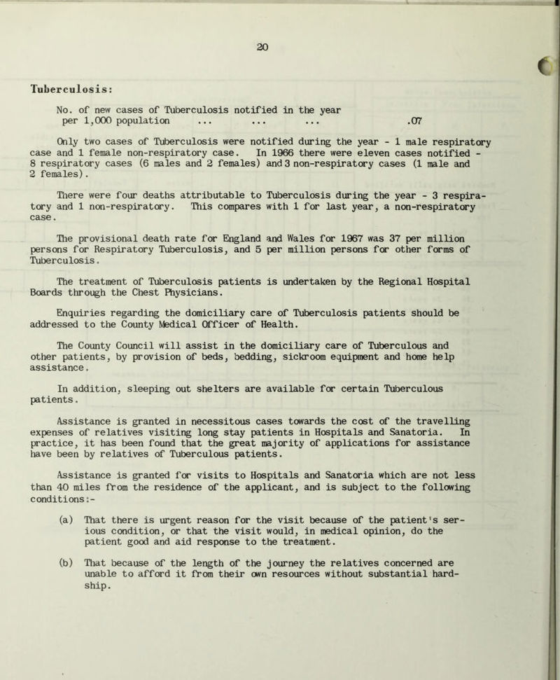 Tuberculosis: No. of new cases of Tuberculosis notified in the year per 1,000 population ... ... ... .07 Only two cases of Tuberculosis were notified during the year - 1 male respiratory case and 1 female non-respiratory case. In 1966 there were eleven cases notified - 8 respiratory cases (6 males and 2 females) and 3 non-respiratory cases (1 male and 2 females). There were four deaths attributable to Tuberculosis during the year - 3 respira- tory and 1 non-respiratory. This compares with 1 for last year, a non-respiratory case. The provisional death rate for England and Wales for 1967 was 37 per million persons for Respiratory Tuberculosis, and 5 per million persons for other forms of Tuberculosis. The treatment of Tuberculosis patients is undertaken by the Regional Hospital Boards through the Chest Physicians. Enquiries regarding the domiciliary care of Tuberculosis patients should be addressed to the County Medical Officer of Health. The County Council will assist in the domiciliary care of Tuberculous and other patients, by provision of beds, bedding, sickroom equipment and home help assistance. In addition, sleeping out shelters are available for certain Tuberculous patients. Assistance is granted in necessitous cases towards the cost of the travelling expenses of relatives visiting long stay patients in Hospitals and Sanatoria. In practice, it has been found that the great majority of applications for assistance have been by relatives of Tuberculous patients. Assistance is granted for visits to Hospitals and Sanatoria which are not less than 40 miles from the residence of the applicant, and is subject to the following conditions:- (a) That there is urgent reason for the visit because of the patient's ser- ious condition, or that the visit would, in medical opinion, do the patient good and aid response to the treatment. (b) That because of the length of the journey the relatives concerned are unable to afford it from their own resources without substantial hard- ship.