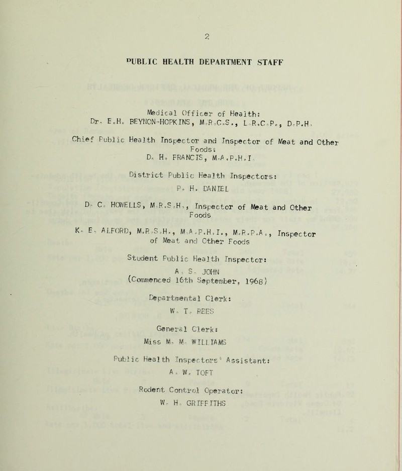 DUBLIC HEALTH DEPARTMENT STAFF Medical Officer of Health: Dr, E.H. BEYNCN-HCPKINS, M,R,C,S,, L-R,C,P,, D-P.H, Cfuef Public Health Inspector and Inspector of Meat and Other Foods: D, H, FRANCIS, M-A,P.H,I- District Public Health Inspectors: P. H► DANIEL D- C„ HOWELLS, Inspector of Meat and Other Foods K F Ai-FORD, M.R.S.H., M-.A-P.H.I., M.R.P.A., Inspector of Meat and Other Foods St udent Publie Hea1th Inspect or: A, S• JOHN (Commenced 16th September, 196g} Depa rtmenta 1 Cl eyjk: W, T, REES General Clerks Miss M- M- WILLIAMS Humic Health inspectors Assistant: A, W, TOFT Rodent Control Operator: W, H. GRIFFITHS