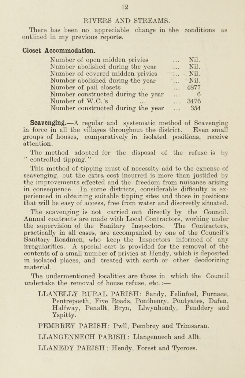 RIVERS AND STREAMS. There has been no appreciable change in the conditions as outlined in my previous reports. Closet Accommodation. Number of open midden privies Number abolished during the year Number of covered midden privies Number' abolished during the year Number of pail closets Number constructed during the year Number of W.C.’s Number constructed during the year Nil. Nil. Nil. Nil. 4877 3476 354 6 Scavenging.—A regular and systematic method of Scavenging in force in all the villages throughout the district. Even small groups of houses, comparatively in isolated positions, receive attention. The method adopted for the disposal of the refuse is by controlled tipping. ’ ’ This method of tipping must of necessity add to< the expense of scavenging, but the extra cost incurred is more than justified by the improvements effected and the freedom from nuisance arising in consequence. In some districts, considerable difficulty is ex- perienced in obtaining suitable tipping sites and those in positions that will be easy of access, free from water and discreetly situated. The scavenging is not carried out directly by the Council. Annual contracts are made with Local Contractors, working under the supervision of the Sanitary Inspectors. The Contractors, practically in all cases, are accompanied by one of the Council’s Sanitary Roadmen, who keep the Inspectors informed of any irregularities. A special cart is provided for the removal of the contents of a small number of privies at Hendy, which is deposited in isolated places, and treated with earth or other deodorizing material. The undermentioned localities are those in which the Council undertake the removal of house refuse, etc.:— LLANELLY RURAL PARISH: Sandy, Felinfoel, Furnace, Pentrepoeth, Five Roads, Ponthenry, Pontyates, Dafen, Halfway, Penallt, Bryn, Llwynhendy, Penddery and Yspitty. PEMBREY PARISH: Pwll, Pembrey and Trimsaran. LLANGENNECH PARISH: Llangennech and Allt. LLANEDY PARISH: Hendy, Forest and Tycroes.