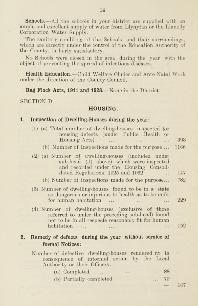 Schools.—All the schools in your district are supplied with an ample and excellent supply of water from Llynyfan or the Llanelly Corporation Water Supply. The sanitary condition of the Schools and their surroundings, which are directly under the control of the Education Authority of the County, is fairly satisfactory. No Schools were closed in the area during the year with the object of preventing the spread of infectious diseases. Health Education.—Child Welfare Clinics and Ante-Natal Work under the direction of the County Council. Rag Flock Acts, 1911 and 1928.—None in the District. SECTION D. HOUSING. 1. Inspection of Dwelling-Houses during the year: (1) (a) Total number of dwelling-houses inspected for housing defects (under Public Health or Housing Acts) .... ..., ... 393 (b) Number of Inspections made for the purpose ... 1166 (2) (a) Number of dwelling-houses (included under sub-head (1) above) which were inspected and recorded under the Housing Consoli- dated Regulations, 1925 and 1932 ... 147 (b) Number of Inspections made for the purpose... 7S2 (3) Number of dwelling-houses found to be in a state so dangerous or injurious to health as to be unfit for human habitation ... ... ... 229 (4) Number of dwelling-houses (exclusive of those referred to under the preceding sub-head) found not to be in all respects reasonably fit for human habitation ... ... ... ... 152 2. Remedy of defects during the year without service of formal Notices: Number of defective dwelling-houses rendered fit in consequence of informal action by the Local Authority or their Officers: (a.) Completed ... ... ... 88 (b)' Partially completed ... ... 79 167