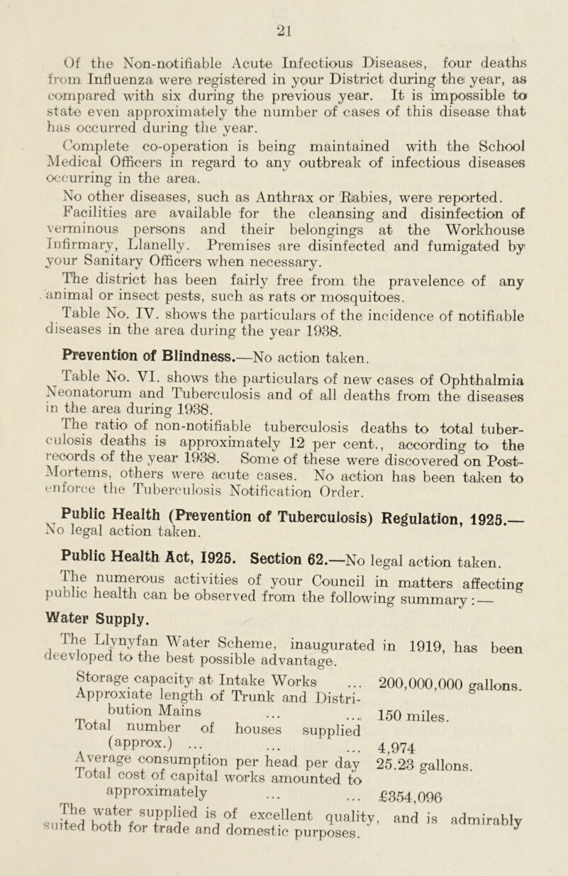 Of the Non-notifiable Acute Infectious Diseases, four deaths from Influenza were registered in your District during the year, as compared with six during the previous year. It is impossible to state even approximately the number of cases of this disease that lias occurred during the year. Complete co-operation is being maintained with the School Medical Officers in regard to> any outbreak of infectious diseases occurring in the area. No other diseases, such as Anthrax or Rabies, were reported. Facilities are available for the cleansing and disinfection of verminous persons and their belongings at the Workhouse Infirmary, Llanelly. Premises are disinfected and fumigated by your Sanitary Officers when necessary. The district has been fairly free from the pravelenee of any animal or insect pests, such as rats or mosquitoes. Table No. IV. shows the particulars of the incidence of notifiable diseases in the area during the year 1938. Prevention of Blindness.—No action taken. t Table No. VI. shows the particulars of new cases of Ophthalmia Neonatorum and Tuberculosis and of all deaths from the diseases in the area during 1938. The ratio of non-notifiable tuberculosis deaths to total tuber- culosis deaths is approximately 12 per cent., according to the records of the year 1938. Some of these were discovered on Post- Mortems, others were acute cases. No action has been taken to enforce the Tuberculosis Notification Order. Public Health (Prevention of Tuberculosis) Regulation, 1925.— No legal action taken. Public Health Act, 1925. Section 62.—No legal action taken. The numerous activities of your Council in matters affecting public health can be observed from the following summary : Water Supply. The Llynyfan W ater Scheme, inaugurated in deevloped to the best possible advantage. Storage capacity at Intake Wbrks Approxiate length of Trunk and Distri- bution Mains Total number of houses supplied (approx.) ... Average consumption per head per day Total cost of capital works amounted to approximately «2s EftnaKS •**•% 1919, has been 200,000,000 gallons. 150 miles. 4,974 25.23 gallons. £354,096