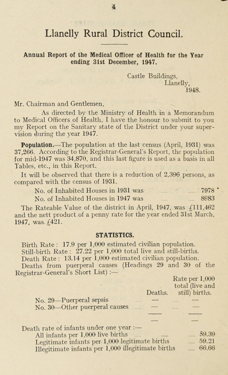 Llanelly Rural District Council. Annual Report of the Medical Officer of Health for the Year ending 31st December, 1947. Castle Buildings, Llanelly, 1948. Mr. Chairman and Gentlemen, As directed by the Ministry of Health in a Memorandum to Medical Officers of Health, I have the honour to submit to you my Report on the Sanitary state of the District under your super- vision during the year 1947. Population.—The population at the last census (April, 1931) was 37,266. According to the Registrar-General’s Report, the population for mid-1947 was 34,870, and this last figure is used as a basis in all Tables, etc., in this Report. • * It will be observed that there is a reduction of 2,396 persons, as compared with the census of 1931. No. of Inhabited Houses in 1931 was 7978 * No. of Inhabited Houses in 1947 was 8983 The Rateable Value of the district in April, 1947, was £111,462 and the nett product of a penny rate for the year ended 31st March, 1947, was. £421. STATISTICS. Birth Rate : 17.9 per 1,000 estimated civilian population. Still-birth Rate : 27.22 per 1,000 total live and still-births. Death Rate : 13.14 per 1,000 estimated civilian population. Deaths from puerperal causes (Headings 29 and 30 of the Registrar-General’s Short List) :— Rate per 1,000 total (live and Deaths. still) births. No. 29—Puerperal sepsis — — No. 30—Other puerperal causes — Death rate of infants under one year :— All infants per 1,000 live births 59.39 Legitimate infants per 1,000 legitimate births 59.21 Illegitimate infants per 1,000 illegitimate births 66.66