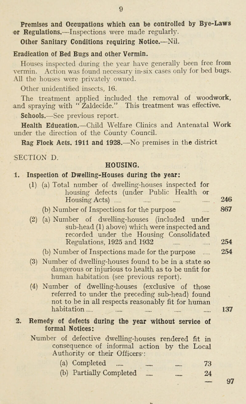 Premises and Occupations which can be controlled by Bye-Laws or Regulations.—Inspections were made regularly. Other Sanitary Conditions requiring Notice.—Nil. Eradication of Bed Bugs and other Vermin. Houses inspected during the year have generally been free from vermin. Action was found necessary in*six cases only for bed bugs. All the houses were privately owned. Other unidentified insects, 16. The treatment applied included the removal of woodwork, and spraying with “ Zaldecide.” This treatment was effective. Schools.—See previous report. Health Education.—Child Welfare Clinics and Antenatal Work under the direction of the County Council. Rag Flock Acts. 1911 and 1928.—No premises in the district SECTION D. HOUSING. 1. Inspection of Dwelling-Houses during the year: ^1) (a) Total number of dwelling-houses inspected for housing defects (under Public Health or Housing Acts) . 246 (b) Number of Inspections for the purpose 867 (2) (a) Number of dwelling-houses (included under sub-head (1) above) which were inspected and recorded under the Housing Consolidated Regulations, 1925 and 1932 254 (b) Number of Inspections made for the purpose 254 (3) Number of dwelling-houses found to be in a state so dangerous or injurious to health as to be unfit for human habitation (see previous report). (4) Number of dwelling-houses (exclusive of those referred to under the preceding sub-head) found not to be in all respects reasonably fit for human habitation 137 2. Remedy of defects during the year without service of formal Notices: Number of defective dwelling-houses rendered fit in consequence of informal action by the Local Authority or their Officers*: (a) Completed 73 (b) Partially Completed 24 97