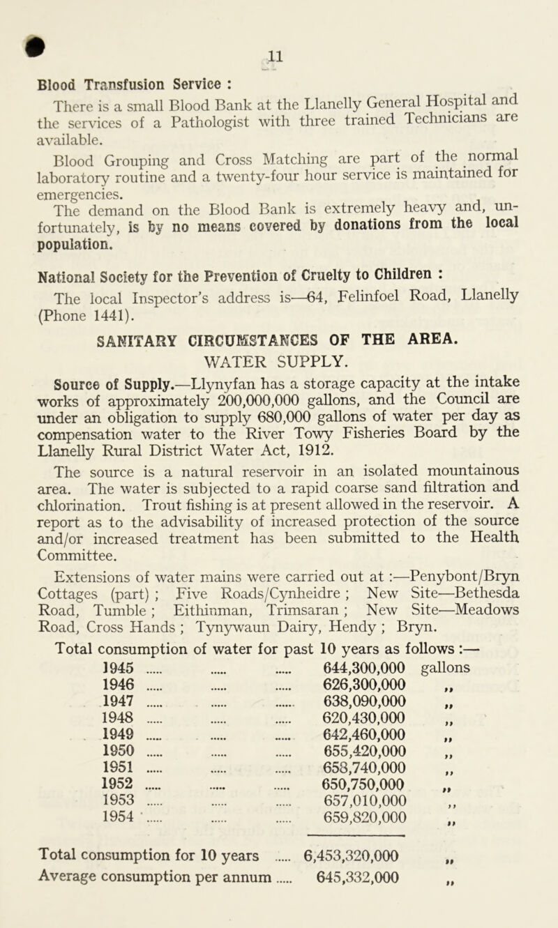 Blood Transfusion Service : There is a small Blood Bank at the Llanelly General Hospital and the services of a Pathologist with three trained Technicians are available. Blood Grouping and Cross Matching are part of the normal laboratory routine and a twenty-four hour service is maintained for emergencies. The demand on the Blood Bank is extremely heavy and, un- fortunately, is by no means covered by donations from the local population. National Society for the Prevention of Cruelty to Children : The local Inspector’s address is—64, Felinfoel Road, Llanelly (Phone 1441). SANITARY CIRCUMSTANCES OF THE AREA. WATER SUPPLY. Source of Supply.—Llynyfan has a storage capacity at the intake works of approximately 200,000,000 gallons, and the Council are under an obligation to supply 680,000 gallons of water per day as compensation water to the River Towy Fisheries Board by the Llanelly Rural District Water Act, 1912. The source is a natural reservoir in an isolated mountainous area. The water is subjected to a rapid coarse sand filtration and chlorination. Trout fishing is at present allowed in the reservoir. A report as to the advisability of increased protection of the source and/or increased treatment has been submitted to the Health Committee. Extensions of water mains were carried out at :—Penybont/Bryn Cottages (part) ; Five Roads/Cynheidre ; New Site—Bethesda Road, Tumble ; Eithinman, Trimsaran ; New Site—Meadows Road, Cross Hands ; Tynywaun Dairy, Hendy ; Bryn. Total consumption of water for past 10 years as follows :— 1945 644,300,000 gallons 1946 626,300,000 1947 638,090,000 1948 620,430,000 1949 .... 642,460,000 1950 655,420,000 1951 658,740,000 1952 650,750,000 1953 657,010,000 1954* 659,820,000 6,453,320,000 645,332,000 Total consumption for 10 years Average consumption per annum