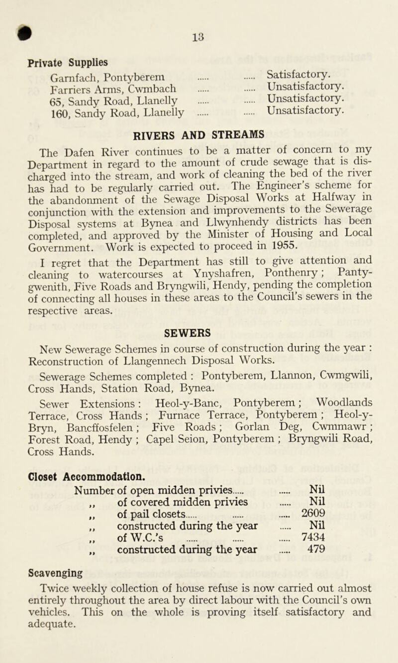 Private Supplies Garnfach, Pontyberem Satisfactory. Farriers Arms, Cwmbach Unsatisfactory. 65, Sandy Road, Llanelly Unsatisfactory. 160, Sandy Road, Llanelly Unsatisfactory. RIVERS AND STREAMS The Dafen River continues to be a matter of concern to my Department in regard to the amount of crude sewage that is dis- charged into the stream, and work of cleaning the bed of the river has had to be regularly carried out. The Engineer’s scheme for the abandonment of the Sewage Disposal Works at Halfway in conjunction with the extension and improvements to the Sewerage Disposal systems at Bynea and Llwynhendy districts has been completed, and approved by the Minister of Housing and Local Government. Work is expected to proceed in 1955. I regret that the Department has still to give attention and cleaning to watercourses at Ynyshafren, Ponthenry; Panty- gwenith, Five Roads and Bryngwili, Hendy, pending the completion of connecting all houses in these areas to the Council s sewers in the respective areas. SEWERS New Sewerage Schemes in course of construction during the year : Reconstruction of Llangennech Disposal Works. Sewerage Schemes completed : Pontyberem, Llannon, Cwmgwili, Cross Hands, Station Road, Bynea. Sewer Extensions: Heol-y-Banc, Pontyberem; Woodlands Terrace, Cross Hands ; Furnace Terrace, Pontyberem ; Heol-y- Bryn, Bancffosfelen; Five Roads; Gorlan Deg, Cwmmawr; Forest Road, Hendy ; Capel Seion, Pontyberem ; Bryngwili Road, Cross Hands. Closet Accommodation. Number of open midden privies Nil ,, of covered midden privies Nil „ of pail closets 2609 „ constructed during the year Nil of W.C.’s ..... 7434 f> constructed during the year 479 Scavenging Twice weekly collection of house refuse is now carried out almost entirely throughout the area by direct labour with the Council’s own vehicles. This on the whole is proving itself satisfactory and adequate.