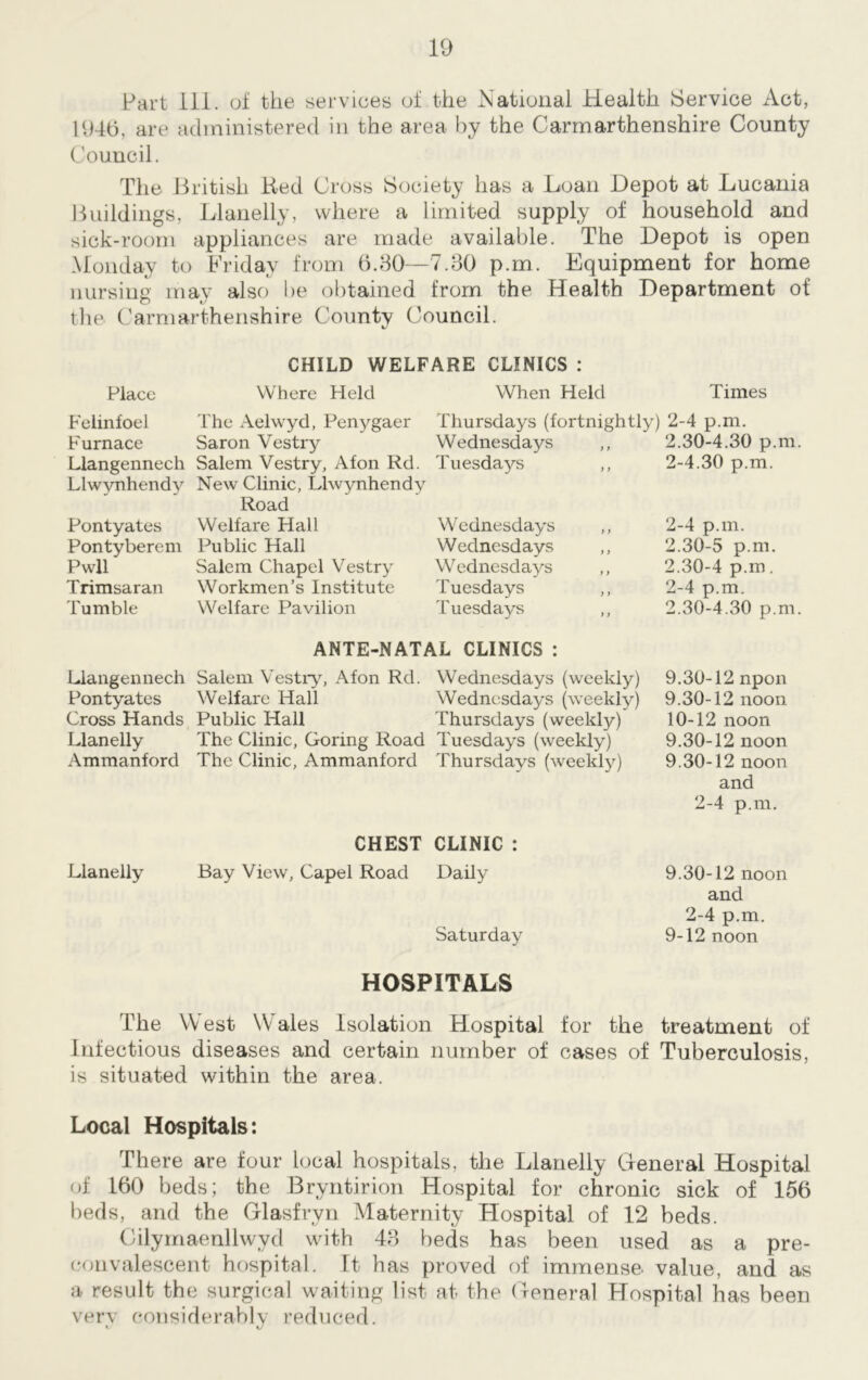 Part 111. of the services of the National Health Service Act, 1946, are administered in the area by the Carmarthenshire County Council. The British Bed Cross Society has a Loan Depot at Lucania Buildings, Llanelly, where a limited supply of household and sick-room appliances are made available. The Depot is open Monday to Friday from 6.80—7.80 p.m. Equipment for home nursing may also be obtained from the Health Department of the Carmarthenshire Countv Council. CHILD WELFARE CLINICS : Place Where Held When Held Times Felinfoel 4'he Aelwyd, Penygaer Thursdays (fortnightly) 2-4 p.m. Furnace Saron Vestry Wednesdays 2.30-4.30 p.m Llangennech Salem Vestry, Afon Rd. Tuesdays ,, 2-4.30 p.m. Llwynhendy New Clinic, Llwynhendy Road Pontyates Welfare Hall Wednesdays ,, 2-4 p.m. Pontyberem Public Hall W ednesdays ,, 2.30-5 p.m. Pwll Salem Chapel Vestry Wednesdays 2.30-4 p.m. Trimsaran Workmen’s Institute Tuesdays 2-4 p.m. 4'umble Welfare Pavilion Tuesdays ,, 2.30-4.30 p.m ANTE-NATAL CLINICS : Llangennech Salem Vestry, Afon Rd. Wednesdays (weekly) 9.30-12 npon Pontyates Welfare Hall Wednesdays (weekly) 9.30-12 noon Cross Hands Public Hall Thursdays (weekly) 10-12 noon Llanelly The Clinic, Goring Road Tuesdays (weekly) 9.30-12 noon Ammanford The Clinic, Ammanford Thursdays (weekly) 9.30-12 noon and 2-4 p.m. CHEST CLINIC : Llanelly Bay View, Capel Road Daily 9.30-12 noon and 2-4 p.m. Saturday 9-12 noon HOSPITALS The West Wales Isolation Hospital for the treatment of Infectious diseases and certain number of cases of Tuberculosis, is situated within the area. Local Hospitals: There are four local hospitals, the Llanelly General Hospital of 160 beds; the Bryntirion Hospital for chronic sick of 156 beds, and the Glasfryn Maternity Hospital of 12 beds. Cilymaenllwyd with 48 beds has been used as a pre- convalescent hospital. It has proved of immense value, and as a result the surgical waiting list at the General Hospital has been very considerably reduced.