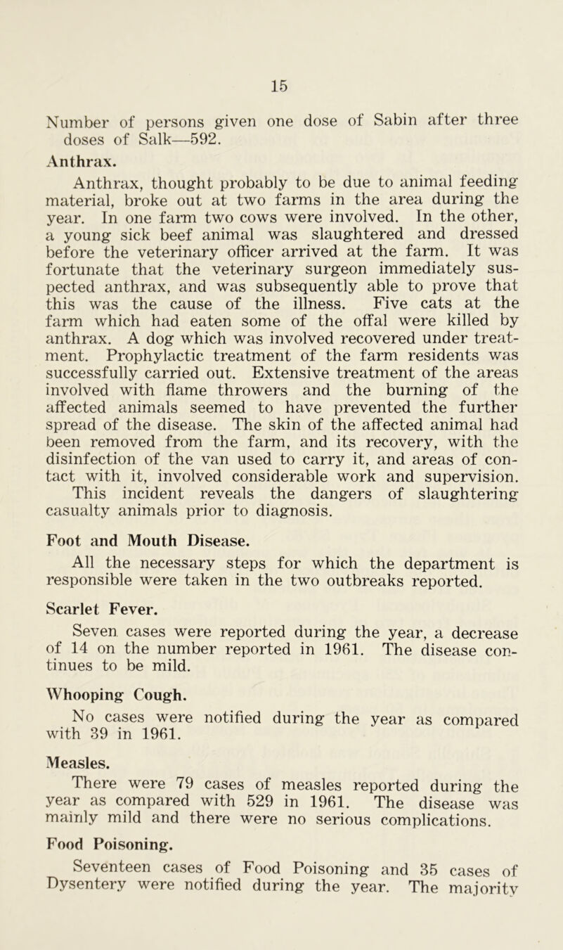 Number of persons given one dose of Sabin after three doses of Salk—592. Anthrax. Anthrax, thought probably to be due to animal feeding material, broke out at two farms in the area during the year. In one farm two cows were involved. In the other, a young sick beef animal was slaughtered and dressed before the veterinary officer arrived at the farm. It was fortunate that the veterinary surgeon immediately sus- pected anthrax, and was subsequently able to prove that this was the cause of the illness. Five cats at the farm which had eaten some of the offal were killed by anthrax. A dog which was involved recovered under treat- ment. Prophylactic treatment of the farm residents was successfully carried out. Extensive treatment of the areas involved with flame throwers and the burning of the affected animals seemed to have prevented the further spread of the disease. The skin of the affected animal had been removed from the farm, and its recovery, with the disinfection of the van used to carry it, and areas of con- tact with it, involved considerable work and supervision. This incident reveals the dangers of slaughtering casualty animals prior to diagnosis. Foot and Mouth Disease. All the necessary steps for which the department is responsible were taken in the two outbreaks reported. Scarlet Fever. Seven cases were reported during the year, a decrease of 14 on the number reported in 1961. The disease con- tinues to be mild. Whooping Cough. No cases were notified during the year as compared with 39 in 1961. Measles. There were 79 cases of measles reported during the year as compared with 529 in 1961. The disease was mainly mild and there were no serious complications. Food Poisoning. Seventeen cases of Food Poisoning and 35 cases of Dysentery were notified during the year. The majority