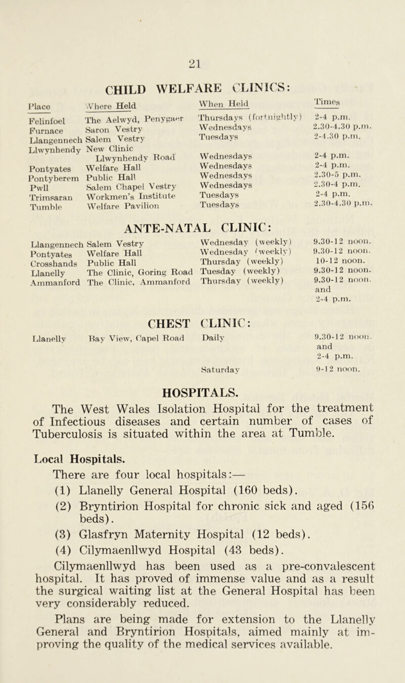 CHILD WELFARE CLINICS: Place Where Held Felinfoel The Aelwyd, Penygaer Furnace Saron Vestry Llangennech Salem Vestry Llwynhendy New (Clinic Llwynhendv Road Pontyates Welfare Hall Pontyberem Public Hall Pwll Salem Chapel Vestry Trimsaran Workmen’s Institute Tumble Welfare Pavilion When Held Thursdays (for tnightly) Wednesdays Tuesdays Wednesdays Wednesdays Wednesdays Wednesdays Tuesdays Tuesdays Times 2-4 p.m. 2.30- 4.30 p.m. 2-4.30 p.m. 2-4 p.m. 2-4 p.m. 2.30- 5 p.m. 2.30- 4 p.m. 2-4 p.m. 2.30- 4.30 p.m. ANTENATAL CLINIC: Llangennech Salem Vestry Pontyates Welfare Hall Crosshands Public Hall Llanelly The Clinic, Goring Road Ammanford The Clinic, Ammanford Wednesday (weekly) Wednesday (weekly) Thursday (weekly) Tuesday (weekly) Thursday (weekly) 9.30-12 noon. 9.30-12 noon. 10-12 noon. 9.30-12 noon. 9.30-12 noon, and 2-4 p.m. Llanelly CHEST CLINIC: Ray View, Capel Road Daily Saturday 9.30-12 noon, and 2-4 p.m. 9-1 2 noon. HOSPITALS. The West Wales Isolation Hospital for the treatment of Infectious diseases and certain number of cases of Tuberculosis is situated within the area at Tumble. Local Hospitals. There are four local hospitals:— (1) Llanelly General Hospital (160 beds). (2) Bryntirion Hospital for chronic sick and aged (156 beds). (3) Glasfryn Maternity Hospital (12 beds). (4) Cilymaenllwyd Hospital (43 beds). Cilymaenllwyd has been used as a pre-convalescent hospital. It has proved of immense value and as a result the surgical waiting list at the General Hospital has been very considerably reduced. Plans are being made for extension to the Llanelly General and Bryntirion Hospitals, aimed mainly at im- proving the quality of the medical services available.