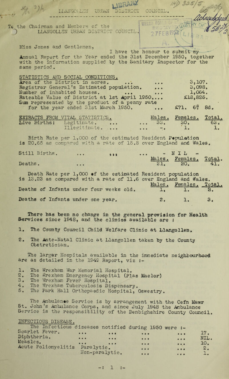 jJgFAw /tfp $£&/ B Jg&k LLANGOLLEN URM ' DISTRICT COUNCIL. Annual Report for the Year ended the 31st December 1950, together with the information supplied by the Sanitary Inspector for the same period . STATISTICS AND SOCIAL CONDITIONS. Area of~the District in acres. ... ... Registrar General's Estimated population. ... Number of inhabited houses. ... ... Rateable Value of District at 1st April I960..., Sum represented by the product of a penny rate for the year ended 31st March 1S50. ... 3,107. 3,098. 1,064. £18,826. £71. 6f 8d. EXTRACTS FROM VITAL STATISTICS. Live Birthsi Legitimate. Illegitimate. ,. Males. Females, Total. 33. 30. 63. —, 1. 1, Birth Rate per 1,000 of the estimated Resident Population is 20.65 as compared with a rate of 15.8 over England and Wales. Still Births. ... ,,, ... -NIL ~ Males . Females. Total. Deaths. ... 21.~ 20. ~ 41. Death Rate per 1,000 #f the estimated Resident population is 13.23 as compared with a rate of 11,6 over England and Wales. Males. Females. Total. Deaths of Infants under four weeks old, 1, 1. 8, Deaths of Infants under one year, 2. 1. 3. There has been no change in the general provision for Health Services since 1948, and the clinics available are : 1. The County Council Child Welfare Clinic at Llangollen, 2. The Ante-Natal Clinic at Llangollen taken by the County Obstretician. The larger Hospitals available in the immediate neighbourhood are as detailed in the 1949 Report, viz i- 1. The Wrexham War Memorial Hospital. 2. The Wrexham Emergency Hospital (Plas Maelor) 3. The Wrexham Fever Hospital, 4. The Wrexham Tuberculosis Dispensary. 5. The Park Hall Orthopaedic Hospital, Oswestry. The Ambulance Service is by arrangement with the Cefn Mawr St. John's Ambulance Corps, and since July 1948 the Ambulance Service is the responsibility of the Denbighshire County Council. INFECTIOUS DISEASE. The Infectious diseases notified during 1950 were Scarlet Fever. ... ... ... ... 17, Diphtheria. ... ... ... ... NIL. Meas]-es. ... ... ... ... 10. Acute Poliomyelitis Paralytic. ... ... 2. Non-paralytic. ... ... 1. „ 1 « 1 » **