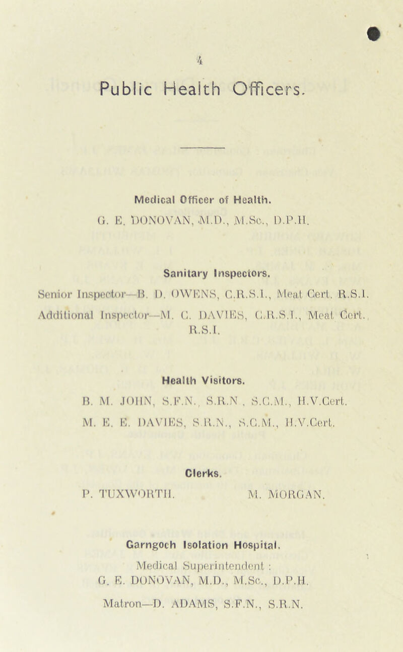 Public Health Officers. Medical Officer of Health. G. E. DONOVAN, M.D., JVl.Sc., D.P.ll. Sanitary Inspectors. Senior Inspector— M. I). OWENS, C.R.S.I., Meat Cert. R.S.l. Additional Inspector -M. C. DAVIES, C.R.S.I., Meat Cert. R.S.l. Health Visitors. B. M. JOHN, S.F.N., S.R.N, S.C.M., II.V.Cert. M. E. E. DAVIES, S UN,, S.G.M., II.V.Cert. Clerks. P. TUXWORTH. M. MORGAN. Garngoch Isolation Hospital. Medical Superintendent: G. E. DONOVAN, M.D., M.Sc., D.P.H. Matron—D. ADAMS, S.F.N., S.R.N.