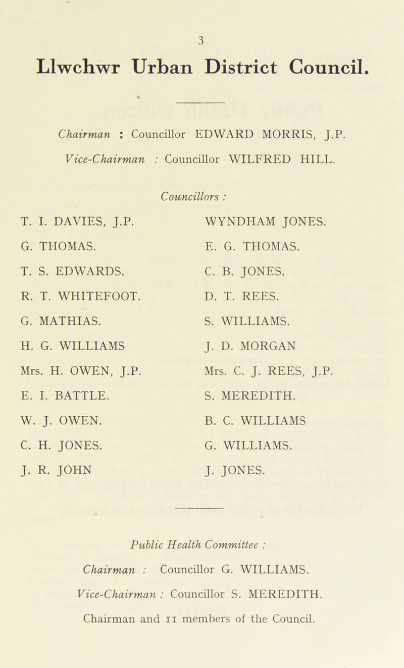 Llwchwr Urban District Council. Chairman : Councillor EDWARD MORRIS, J.P. Vice-Chairman : Councillor WILFRED HILL. Councillors : T. I. DAVIES, J.P. WYNDHAM JONES. G. THOMAS. E. G. THOMAS. T. S. EDWARDS. C. B. JONES. R. T. WHITEFOOT. D. T. REES. G. MATHIAS. S. WILLIAMS. H. G. WILLIAMS J. D. MORGAN Mrs. H. OWEN, J.P. Mrs. C. J. REES, J.P. E. I. BATTLE. S. MEREDITH. W. J. OWEN. B. C. WILLIAMS C. H. JONES. G. WILLIAMS. J. R. JOHN J. JONES. Public Health Committee : Chairman : Councillor G. WILLIAMS. Vice-Chairman : Councillor S. MEREDITH. Chairman and ii members of the Council.