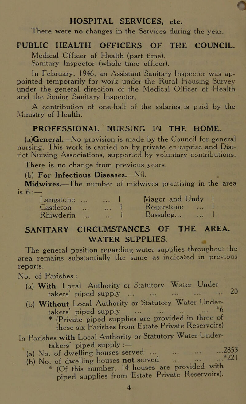 HOSPITAL SERVICES, etc. There were no changes in the 'Services during the year. PUBLIC HEALTH OFFICERS OF THE COUNCIL. Medical Officer of Health (part time). Sanitary Inspector (whole time officer). In February, 1946, an Assistant Sanitary Inspectcr was ap- pointed temporarily for work under the Rural Housing Survey under the general direction of the Medical Olficer of Health and the Senior Sanitary Inspector. A contribution of one-half of the salaries is paid by the Ministry of Health. PROFESSIONAL NURSING IN THE HOME. (a) General.—No provision is made by the Council for general nursing. This work is carried on by private enterprise and Dist- rict Nursing Associations, supported by vo.untary contributions. There is no change from previous years. (b) For Infectious Diseases.—Nil. Midwives.—The number of midwives practising in the area is 6 :—• Langstcne ... ... 1 Magor and Undy I Castleton I Rogerstone ... I Rhiwderin ... ... 1 Bassaleg... ... 1 SANITARY CIRCUMSTANCES OF THE AREA. WATER SUPPLIES. The general position regarding water supplies throughout :he area remains substantially the same as indicated in previous reports. No. of Parishes : (a) With Local Authority or Statutory Water Under takers’ piped supply ... ... ••• ••• 20 (b) Without Local Authority or Statutory Water Under- takers’ piped supply ••• ••• 6 * (Private piped supplies are provided in three of these six Parishes from Estate Private Reservoirs) In Parishes with Local Authority or Statutory Water Under- takers’ piped supply :— (a) No. of dwelling houses served (b) No. of dwelling houses not served ... ••• ZZI * (Of this number, 14 houses are provided with piped supplies from Estate Private Reservoirs).