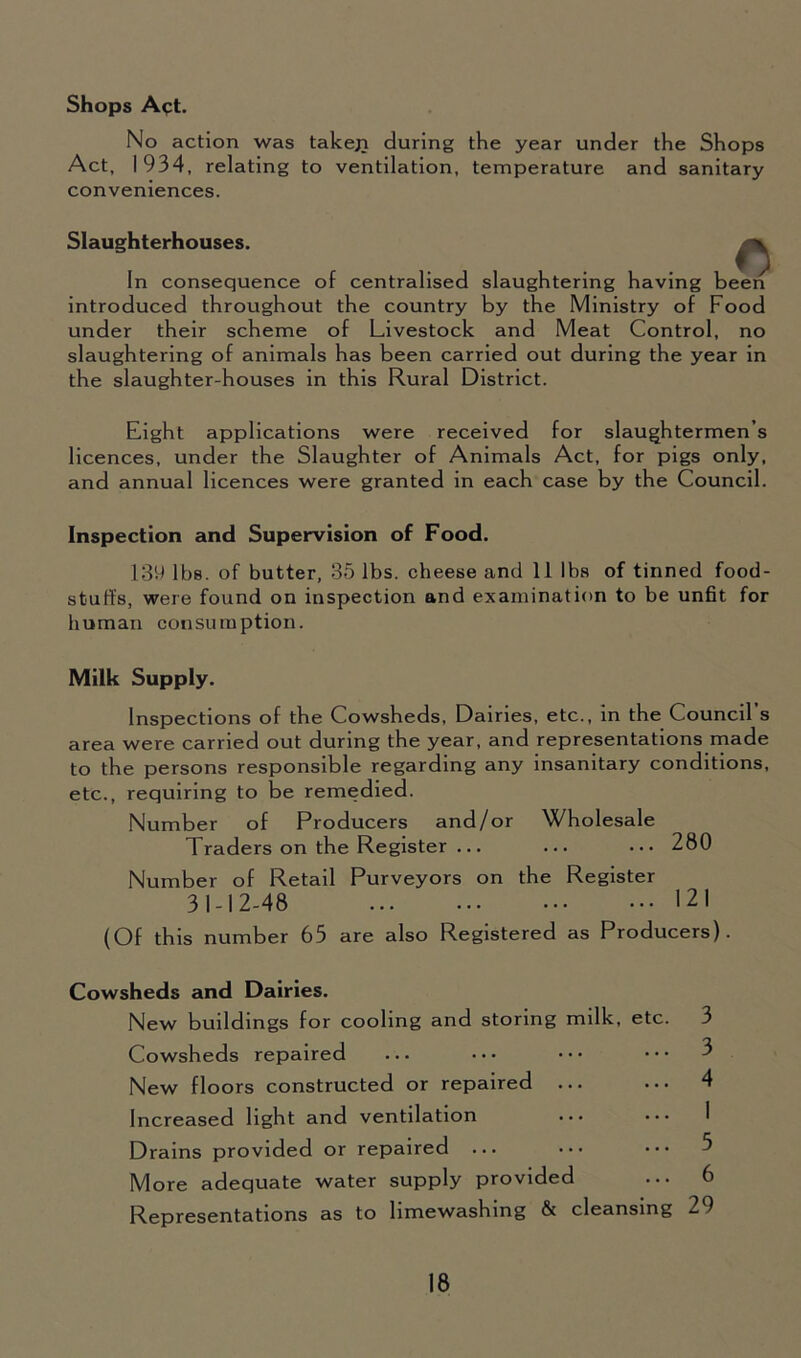 Shops Act. No action was takeji during the year under the Shops Act, 1934, relating to ventilation, temperature and sanitary conveniences. Slaughterhouses. In consequence of centralised slaughtering having been introduced throughout the country by the Ministry of Food under their scheme of Livestock and Meat Control, no slaughtering of animals has been carried out during the year in the slaughter-houses in this Rural District. Eight applications were received for slaughtermen’s licences, under the Slaughter of Animals Act, for pigs only, and annual licences were granted in each case by the Council. Inspection and Supervision of Food. 139 lbs. of butter, 35 lbs. cheese and 11 lbs of tinned food- stuffs, were found on inspection and examination to be unfit for human consumption. Milk Supply. Inspections of the Cowsheds, Dairies, etc., in the Council’s area were carried out during the year, and representations made to the persons responsible regarding any insanitary conditions, etc., requiring to be remedied. Number of Producers and/or Wholesale Traders on the Register ... ... ... 280 Number of Retail Purveyors on the Register 31-12-48 121 (Of this number 65 are also Registered as Producers). Cowsheds and Dairies. New buildings for cooling and storing milk, etc. Cowsheds repaired New floors constructed or repaired ... Increased light and ventilation ... ... Drains provided or repaired ... More adequate water supply provided Representations as to limewashing & cleansing 3 3 4 I 5 6 29