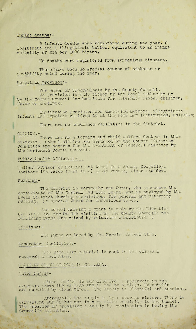 Infant deaths 3 infantn deaths wore registered during the year. S legitimate and 1 illegitimate babies, equivalent to an infant mortality of 214 per 1000 births. Ho deaths wore registered from infectious disoasos. There have boon no special causes of sickness or invalidity noted during the year. Hospitals provided:- for cases of Tuberculosis by the County Council. Ho Provision in made either by the Local Authority or h'r the Count Council for hospitals for maternity cases, children, Hover or Smallpox. Institution provision for unmarried mothers, illegitimate infants and homo loss children is at the moor laut Inst itutx on, Dol go lie There are no ambulance facilities in tho district. CLIITIC'o : - There are no maternity and child welfare Centres in this district. Lcrool ck nice arc a. r ran go d by the Count, y neat i. on Committee and centres for the treatment of venereal diseases by tho Merioneth County Council. Public Health Officers:- , odical Officer of Heaith(;vrt tiro) John Jonoo, Do 1 go 1 ley. Sanitary Inspector (part tiro) Lewis Thor .as, Dinas i c.w-’dwy . Pursing:- Tho district is served by one Purse, who possesses the certificate of the Central Lidvivo3 Board, and is employed by the L°cal District Pursing Association, for general and maternity nursing, po special nurse for infectious canon» for nobool nursing a grant is made by the Education Cor- ittoo and for Health visiting by the County Council- the remaining funds are raised by voluntary cubccribtion * Piduivos:- ifurs-c employed by the Kurc.inu Association. Laboratory f-•■■cllit ios : - go.cn nocoi.Bary ia.-s.tori.-1 is sent to tho clinical research of sdelation. ell.iTairr cilcu: ltabcll i- :p ■ ^;:;a. . He.tor Luf:-It- ■ - Dinas . av;d b/y is supplied from reservoir in the mountain above tho village and is fed by springs. Households are supplied by stand Pipes. Tho suePly is plentiful and constant. Abe range 11. The supply is by a. storage cistern. There is sufficient sup‘ly but not in very clo- e uroiiii ity to the hamlet. The guestion of providing a sup dy by gravitation is having the C oUnci1 * c altontion.