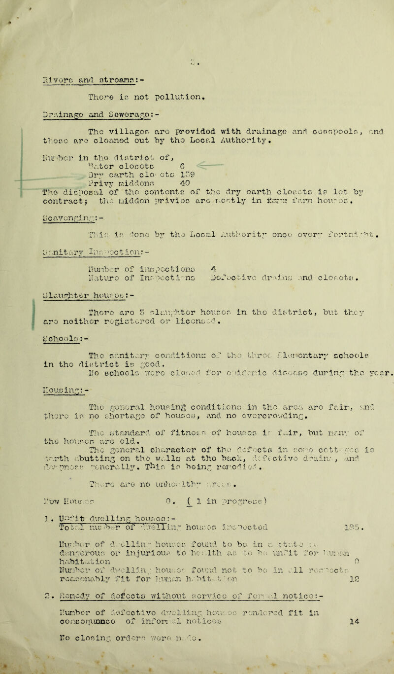 RIvoro and ot roang:- Thore in not pollution. Drainage and Sewerage:- The villager, arc provided with drainage and cobt,pools, and those arc* cloaned out by tho Local Authority. lumber in tho district of, hater clooetc 6 Dry earth clo; ots ID9 Privy middons 40 The disposal of the contents of the dry earth closets is lot by contract $ the niddon privies arc mostly in tnr.iz farm housos. Scavenging;- This is done by tho Local Authority onco over fortnight• ssuitary Innnootion?- Humber of ins poet ions 4 Hat tiro of Inspect i-ns Defective drains and closets. daughter hour:os:- Thoro are 5 siaughtor houses in tho district, but they are neither registered or licensed. Schools:- in the Tho sanitary conditions of tho throe di•:?;trlet is. good . Ho schools vrero closed for epidemic Elementary echo ole disease during the year L ous mg: - The general housing conditions in tho area are fair, and there in no shortage of houses, and no overcrowding, Tho standard of fitness of houses i- fair, but nany of tho houses are old. The general character of tho defects in core cott gee is earth abutting on tho walls at tho bach, defective drain;, and dor press generally. This is being remedied . There are no unhealthy areas. i'uw Houses 0. (_ 1 in progress) 1 . U-P''lt dwelling houses: - Total nim’mr of dwelling houses ire roe tod 185. lJuj;b{.:r of d.•oiling ■ houses found to be i ,n a state dangerous or injur ioue to he-;; 1th as to b ( } unfit for human habitation A Hunher of dv'ollln / hour:o*', found not to be ) in all res.acts reasonably fit for human habit-, t: on 12 2. Renody of defects without service of forr-al not ice:- ITunbcr of dofoctivo drrolling houses rendered fit in concoqunnco of informal notices ITo closing orders wore. Dado• 14