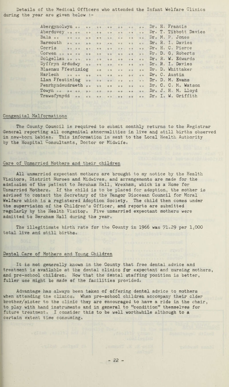 Details of the Medical Officers who attended the Infant Welfare Clinics during the year are given below :~ Abergynolwyn o„ 0 © o o o o 0 0 o © o o Dr0 Ho Francis Aberdovey „o 0 o 0 o 0 o © © © o © 0 o « Dr„ To Tibbott Davl Bala o o o o o o Q © 0 o O Cl © o « 0 © o Dro Mo P„ Jones Barmouth „« „o 0 o © 0 o © © © 0 0 © 0 Dr« R0 lo Davies Corris o o „ <, 0 o © © 0 o © 0 0 © o o Dr0 Ho Co Pierce Corwen o © o © o <> 0 O © o 0 © o o o o © 0 Dr0 Do Go Roberts Dolgellau 0° ©© 0 o O 0 o o 0 o © • 0 0 Dr0 Ro Wo Edwards Dyffryn Ardudwy O 0 O 0 © © © o o 0 o o Dr0 Ro Io Davies Blaenau Ffestiniog Q © 3 0 © 9 O 0 o 0 Dr0 Do Whittaker Harlech ©« © © 0 0 0 o. o o © © 0 0 0 o Dr0 Co Austin Llan Ffestiniog O 0 © 0 0 © 0 © o 0 c o Dr o Do Mo Evans Penrhyndeudraeth 0 o 0 0 © © O 0 © © O 0 Dr„ Co C, Mo Watsor Towyn © © ©« © © 0 o 0 © O 0 o o o o O 0 Dr0 Jo Ho Mo Lloyd Trawsfynydd ©© 0 0 0 © © 0 © © o o 0 o Dr0 Io Wo Griffith Congenital Malformations The County Council 16 required to submit monthly returns to the Registrar General reporting all congenital abnormalities in live an4 still births observed in new-born babieso This information is sent to the Local Health Authority by the Hospital Consultants, Doctor or Midwife0 Care of Unmarried Mothers and their children All unmarried expectant mothers are brought to my notice by the Health Visitors, District Nurses and Midwives, and arrangements are made for the admission of the patient to Bersham Hall, Wrexham, which is a Home for Unmarried Motherso If the child is to be placed for adoption, the mother is advised to contact the Secretary of the Bangor Diocesan Council for Moral Welfare which is a registered Adoption Society,, The child, then comes under the supervision of the Children’s Officer, and reports are submitted regularly by the Health Visitofo Five unmarried expectant mothers were admitted to Bersham Hall during the year0 The illegitimate birth rate for the County in 1966 was ?lo29 per 1,000 total live and still blrtheo Dental Care of Mothers and Young Children It is not generally known in the County that free dental advice and treatment is available at the dental clinics fear expectant and nursing mothers, and pre-school children,, Now that the dental staffing position is better, fuller use might be made of the facilities provided* Advantage has always been taken of offering dental advice to mothers when attending the clinicso When pre-school children accompany their cider brother/sister to the clinic they are encouraged to have a ride in the chair, to play with hand instruments and in general to condition themselves for future treatments I consider this to be well worthwhile although to a certain extent time consuming,.