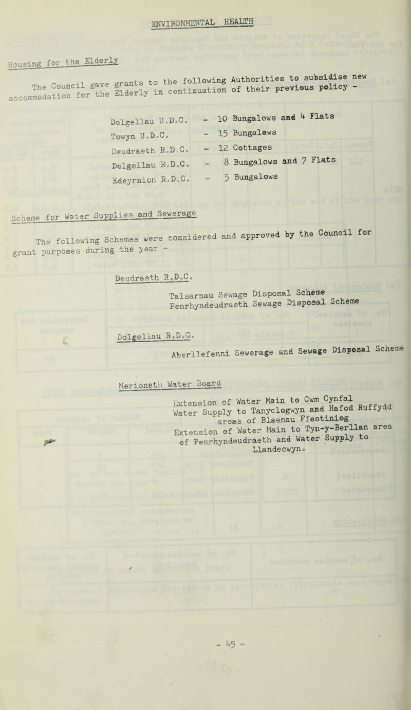 yrJVT'RONMENTAL HEALTH Housing for the . „ ri the following Authorities to subsidise new acccmmodatio^for^the Iwerly an continuation of their previous policy - Dolgellau U<,DcG» Towyn U <,D*Co Deudraeth R«D.Cc Dolgellau K<.DoC< Edeyrnicn R = D 0 C, 10 Bungalows and 4 Flats 15 Bungalows 12 Cottages 8 Bungalows and 7 Flats 5 Bungalows Scheme for Water Supp^ie^andjjewejugE The following Schemes were considered and approved by the Council for grant purposes during the yea: Deudraeth RoD»Co Talsarnau Sewage Disposal Scheme Penrhyndeudraeth Sewage Disposal ocheme Dolgel-t.au RqDqW Aberllefenni Sewerage and Sewage Disposal Scheme Mgo~-i onetli Water board Extension of Water Main to Cum Cynfal Water Supply to Tanyclogwyn and Hafod Ruffyad areas of Blaenau Ffestiniog Extension of Water Main to Tyn-y-Berllan area of Penrhyndeudraeth and Water Supply to ✓