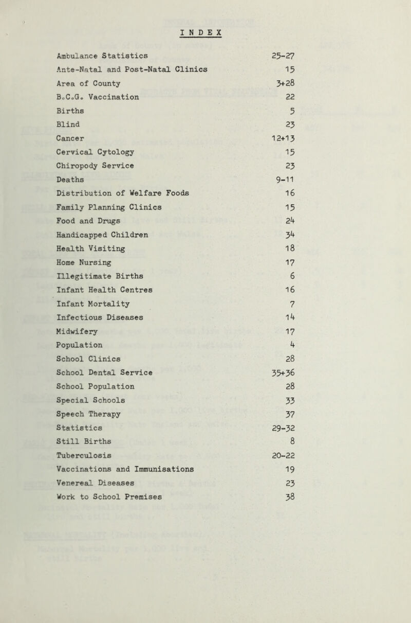 INDEX Ambulance Statistics 25-27 Ante-Natal and Post-Natal Clinics 15 Area of County 5+28 BcCoG® Vaccination 22 Births 5 Blind 23 Cancer 12+13 Cervical Cytology 15 Chiropody Service 23 Deaths 9-11 Distribution of Welfare Foods 16 Family Planning Clinics 15 Food and Drugs 24 Handicapped Children 34 Health Visiting 18 Horae Nursing 17 Illegitimate Births 6 Infant Health Centres 16 Infant Mortality 7 Infectious Diseases 14 Midwifery 17 Population 4 School Clinics 28 School Dental Service 35+36 School Population 28 Special Schools 33 Speech Therapy 37 Statistics 29-32 Still Births 8 Tuberculosis 20-22 Vaccinations and Immunisations 19 Venereal Diseases 23 Work to School Premises 38