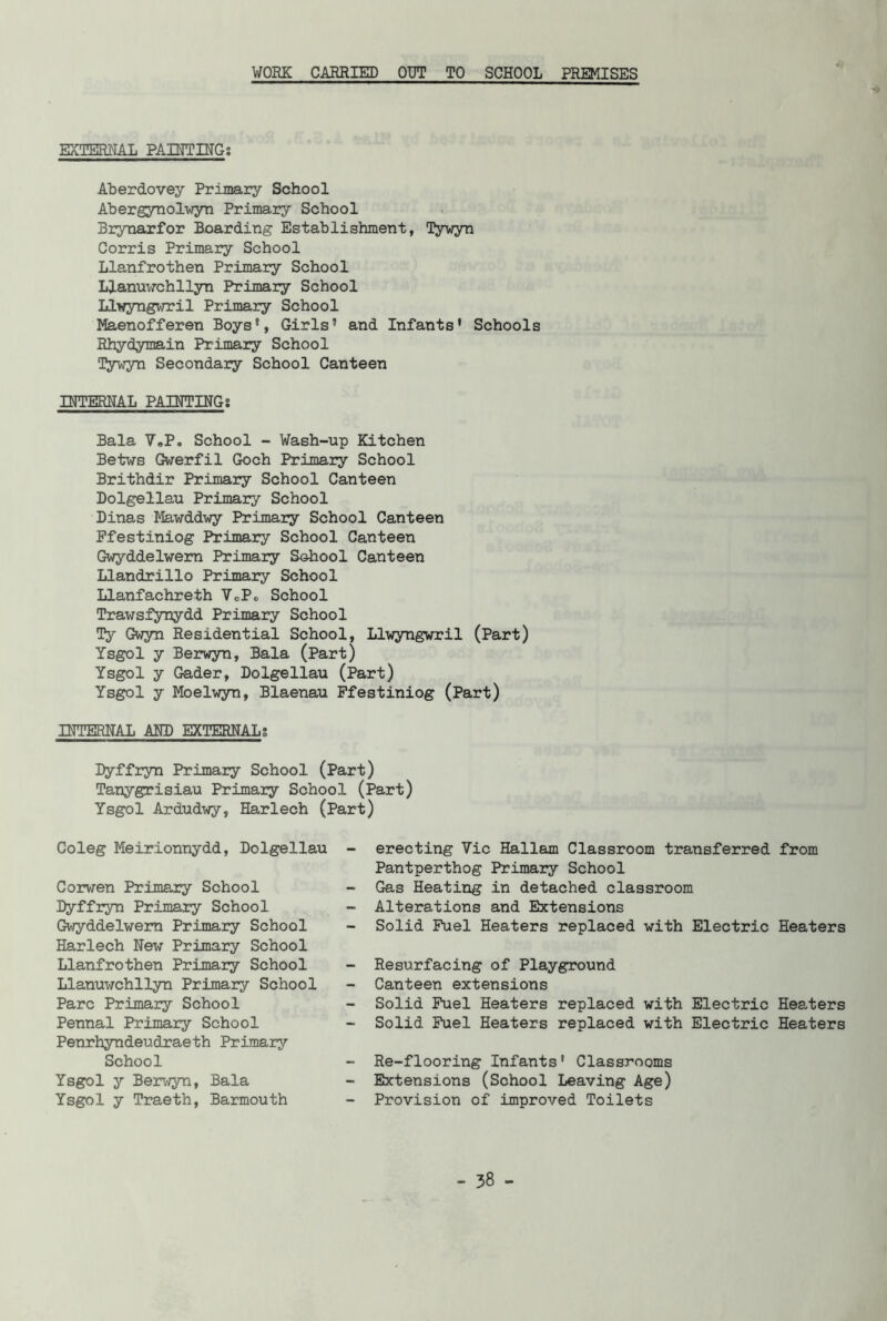 WORK CARRIED OUT TO SCHOOL PREMISES -i EXTERNAL PAINTING: Aberdovey Primary School Abergynolwyn Primary School Brynarfor Boarding Establishment, Tywyn Corris Primary School Llanfrothen Primary School Llanuwchllyn Primary School Llwyngwril Primary School Maenofferen Boys *, Girls’ and Infants1 Schools Rhydymain Primary School Ttywyn Secondary School Canteen INTERNAL PAINTING: Bala V»P. School - Wash-up Kitchen Betws Gwerfil Goch Primary School Brithdir Primary School Canteen Dolgellau Primary School Dinas Mawddwy Primary School Canteen Ffestiniog Primary School Canteen Gwyddelwem Primary School Canteen Llandrillo Primary School Llanfachreth VCP0 School Trawsfynydd Primary School Ty Gwyn Residential School, Llwyngwril (Part) Ysgol y Berwyn, Bala (Part) Ysgol y Gader, Dolgellau (Part) Ysgol y Moelwyn, Blaenau Ffestiniog (Part) INTERNAL AND EXTERNAL: Dyffryn Primary School (Part) Tanygrisiau Primary School (Part) Ysgol Ardudwy, Harlech (Part) Coleg Meirionnydd, Dolgellau Corwen Primary School Dyffryn Primary School Gwyddelwern Primary School Harlech New Primary School Llanfrothen Primary School Llanuwchllyn Primary School Parc Primary School Pennal Primary School Penrhyndeudraeth Primary School Ysgol y Berwyn, Bala Ysgol y Traeth, Barmouth erecting Vic Hallam Classroom transferred from Pantperthog Primary School Gas Heating in detached classroom Alterations and Extensions Solid Fuel Heaters replaced with Electric Heaters Resurfacing of Playground Canteen extensions Solid Fuel Heaters replaced with Electric Heaters Solid Fuel Heaters replaced with Electric Heaters Re-flooring Infants' Classrooms Extensions (School Leaving Age) Provision of improved Toilets
