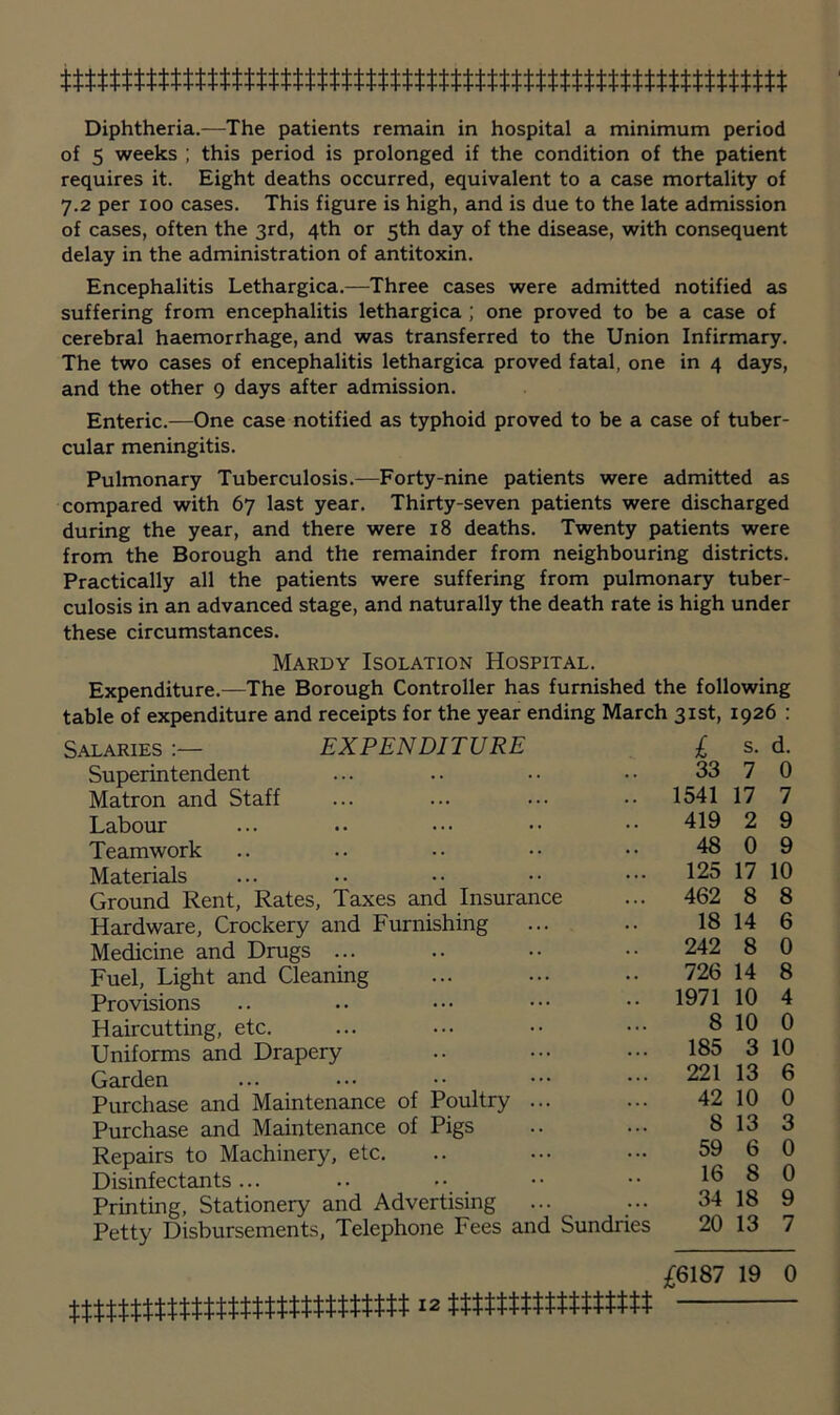 Diphtheria.—The patients remain in hospital a minimum period of 5 weeks ; this period is prolonged if the condition of the patient requires it. Eight deaths occurred, equivalent to a case mortality of 7.2 per 100 cases. This figure is high, and is due to the late admission of cases, often the 3rd, 4th or 5th day of the disease, with consequent delay in the administration of antitoxin. Encephalitis Lethargica.—Three cases were admitted notified as suffering from encephalitis lethargica ; one proved to be a case of cerebral haemorrhage, and was transferred to the Union Infirmary. The two cases of encephalitis lethargica proved fatal, one in 4 days, and the other 9 days after admission. Enteric.—One case notified as typhoid proved to be a case of tuber- cular meningitis. Pulmonary Tuberculosis.—Forty-nine patients were admitted as compared with 67 last year. Thirty-seven patients were discharged during the year, and there were 18 deaths. Twenty patients were from the Borough and the remainder from neighbouring districts. Practically all the patients were suffering from pulmonary tuber- culosis in an advanced stage, and naturally the death rate is high under these circumstances. Mardy Isolation Hospital. Expenditure.—The Borough Controller has furnished the following table of expenditure and receipts for the year ending March 31st, 1926 : Salaries :— EXPENDITURE Superintendent Matron and Staff Labour Teamwork Materials Ground Rent, Rates, Taxes and Insurance Hardware, Crockery and Furnishing Medicine and Drugs ... Fuel, Light and Cleaning Provisions Haircutting, etc. Uniforms and Drapery Garden Purchase and Maintenance of Poultry ... Purchase and Maintenance of Pigs Repairs to Machinery, etc. Disinfectants ... Printing, Stationery and Advertising ... Petty Disbursements, Telephone Fees and Sundries £ s. d. 33 7 0 1541 17 7 419 2 9 48 0 9 125 17 10 462 8 8 18 14 6 242 8 0 726 14 8 1971 10 4 8 10 0 185 3 10 221 13 6 42 10 0 8 13 3 59 6 0 16 8 0 34 18 9 20 13 7 £6187 19 0
