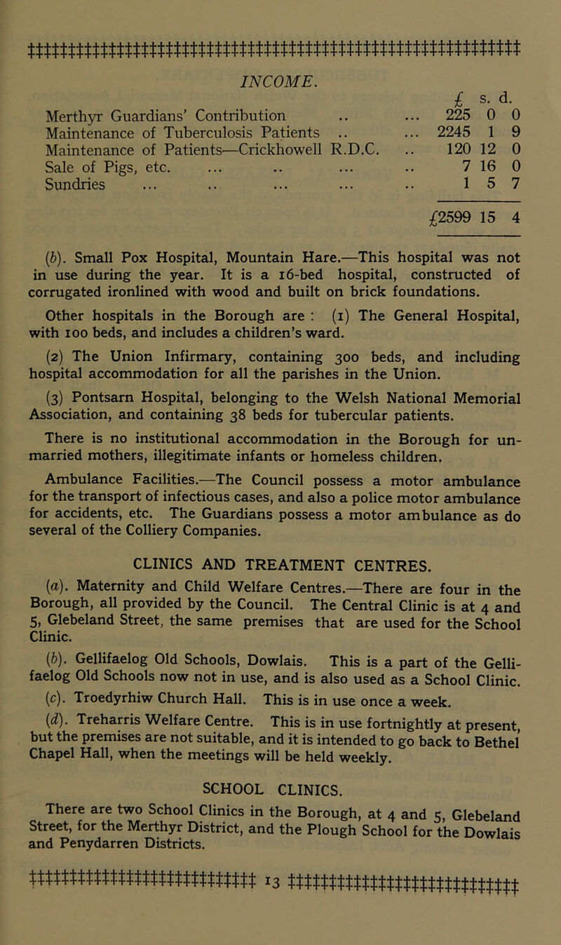 INCOME. Merthyr Guardians’ Contribution Maintenance of Tuberculosis Patients .. Maintenance of Patients—Crickhowell R.D.C. Sale of Pigs, etc. Sundries I s. d. 225 0 0 2245 1 9 120 12 0 7 16 0 1 5 7 £2599 15 4 ip). Small Pox Hospital, Mountain Hare.—This hospital was not in use during the year. It is a 16-bed hospital, constructed of corrugated ironlined with wood and built on brick foundations. Other hospitals in the Borough are : (i) The General Hospital, with 100 beds, and includes a children’s ward. (2) The Union Infirmary, containing 300 beds, and including hospital accommodation for all the parishes in the Union. (3) Pontsarn Hospital, belonging to the Welsh National Memorial Association, and containing 38 beds for tubercular patients. There is no institutional accommodation in the Borough for un- married mothers, illegitimate infants or homeless children. Ambulance Facilities.—The Council possess a motor ambulance for the transport of infectious cases, and also a police motor ambulance for accidents, etc. The Guardians possess a motor ambulance as do several of the Colliery Companies. CLINICS AND TREATMENT CENTRES. (a). Maternity and Child Welfare Centres.—^There are four in the Borough, all provided by the Council. The Central Clinic is at 4 and 5, Glebeland Street, the same premises that are used for the School Clinic. ip). Gellifaelog Old Schools, Dowlais. This is a part of the Gelli- faelog Old Schools now not in use, and is also used as a School Clinic. (c). Troedyrhiw Church Hall. This is in use once a week. {d). Treharris Welfare Centre. This is in use fortnightly at present, but the premises are not suitable, and it is intended to go back to Bethel Chapel Hall, when the meetings will be held weekly. SCHOOL CLINICS. There are two School Clinics in the Borough, at 4 and 5, Glebeland Street, for the Merthyr District, and the Plough School for the Dowlais and Penydarren Districts.