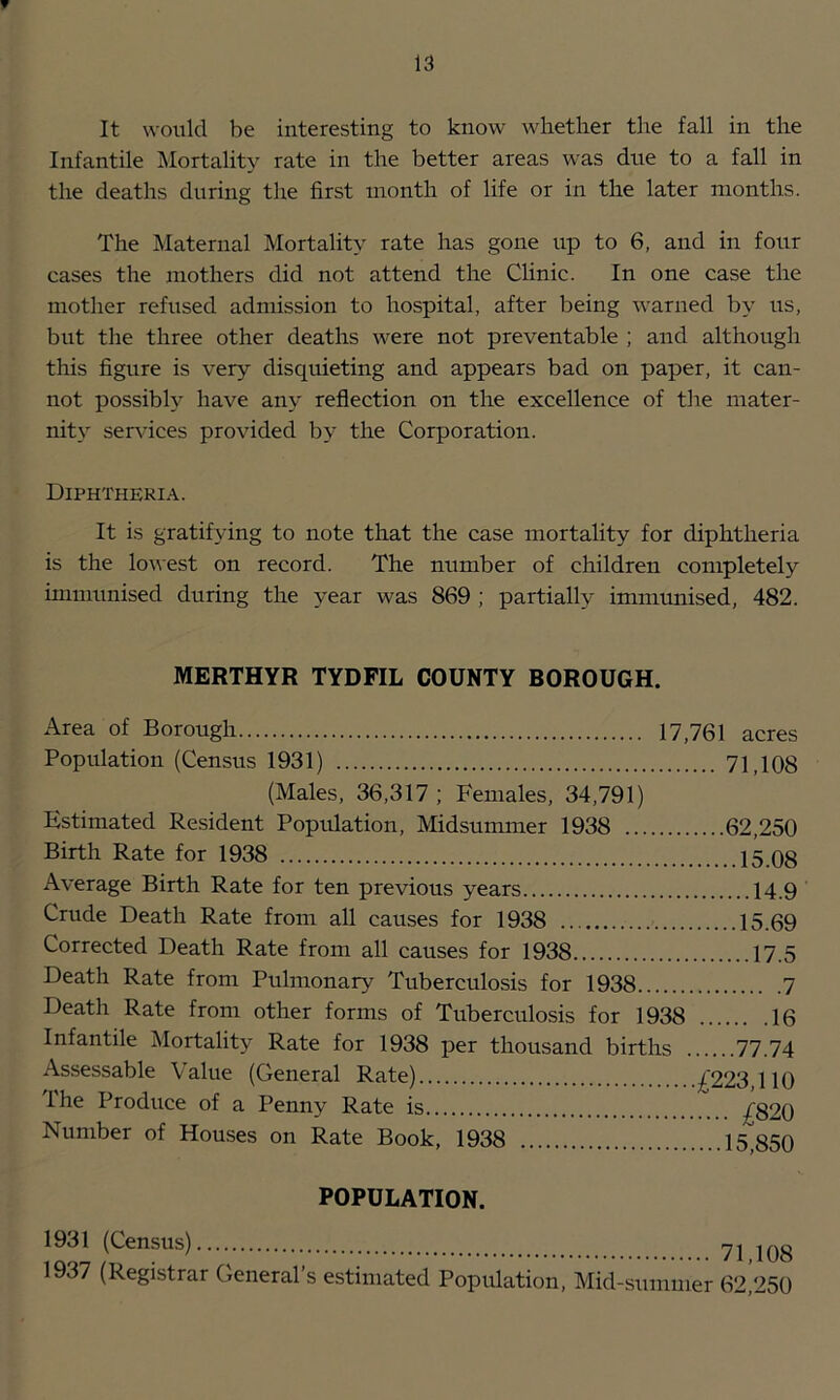 w 13 It would be interesting to know whether the fall in the Infantile Mortality rate in the better areas was dire to a fall in the deaths during the first month of life or in the later months. The Maternal Mortality rate has gone up to 6, and in four cases the mothers did not attend the Chnic. In one case the mother refused admission to hospital, after being warned by us, but the three other deaths were not preventable ; and although this figure is very disquieting and appears bad on paper, it can- not possibly have any reflection on the excellence of tire mater- nity sendees provided by the Corporation. Diphtheria. It is gratifying to note that the case mortality for diphtheria is the lowest on record. The number of children completely immunised during the year was 869 ; partially immunised, 482. MERTHYR TYDFIL COUNTY BOROUGH. Area of Borough 17,761 acres Population (Census 1931) 71,108 (Males, 36,317 ; Females, 34,791) Estimated Resident Population, Midsummer 1938 62,250 Birth Rate for 1938 15.08 Average Birth Rate for ten previous years 14.9 Crude Death Rate from all causes for 1938 15.69 Corrected Death Rate from all causes for 1938 17.5 Death Rate from Pulmonary Tuberculosis for 1938 7 Death Rate from other forms of Tuberculosis for 1938 16 Infantile Mortality Rate for 1938 per thousand births 77.74 Assessable Value (General Rate) £223,110 Ihe Produce of a Penny Rate is £820 Number of Houses on Rate Book, 1938 15,850 POPULATION. 1931 (Census) 71 108