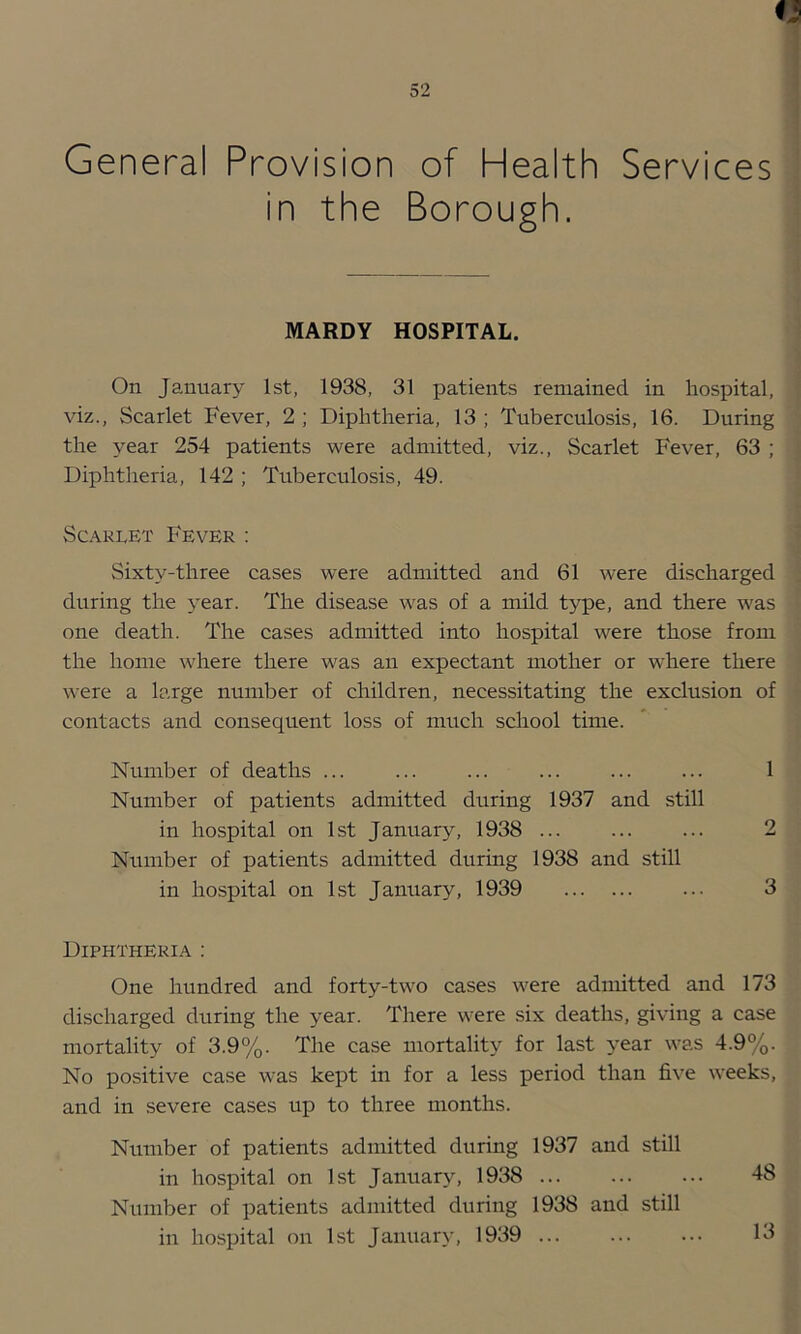 General Provision of Health Services in the Borough. MARDY HOSPITAL. On January 1st, 1938, 31 patients remained in hospital, viz.. Scarlet Fever, 2 ; Diphtheria, 13 ; Tuberculosis, 16. During the year 254 patients were admitted, viz.. Scarlet Fever, 63 ; Diphtheria, 142 ; Tuberculosis, 49. Scarlet Fever : Sixty-three cases were admitted and 61 were discharged during the year. The disease was of a mild type, and there was one death. The cases admitted into hospital were those from the home where there was an expectant mother or where there were a large number of children, necessitating the exclusion of contacts and consequent loss of much school time. Number of deaths ... ... ... ... ... ... 1 Number of patients admitted during 1937 and still in hospital on 1st JanuarjL 1938 ... ... ... 2 Number of patients admitted during 1938 and still in hospital on 1st January, 1939 3 Diphtheria : One hundred and forty-two cases were admitted and 173 discharged during the year. There were six deaths, giving a case mortality of 3.9%. The case mortality for last year was 4.9%. No positive case was kept in for a less period than five weeks, and in severe cases up to three months. Number of patients admitted during 1937 and still in hospital on 1st January, 1938 48 Number of patients admitted during 1938 and still in hospital on 1st January, 1939 13